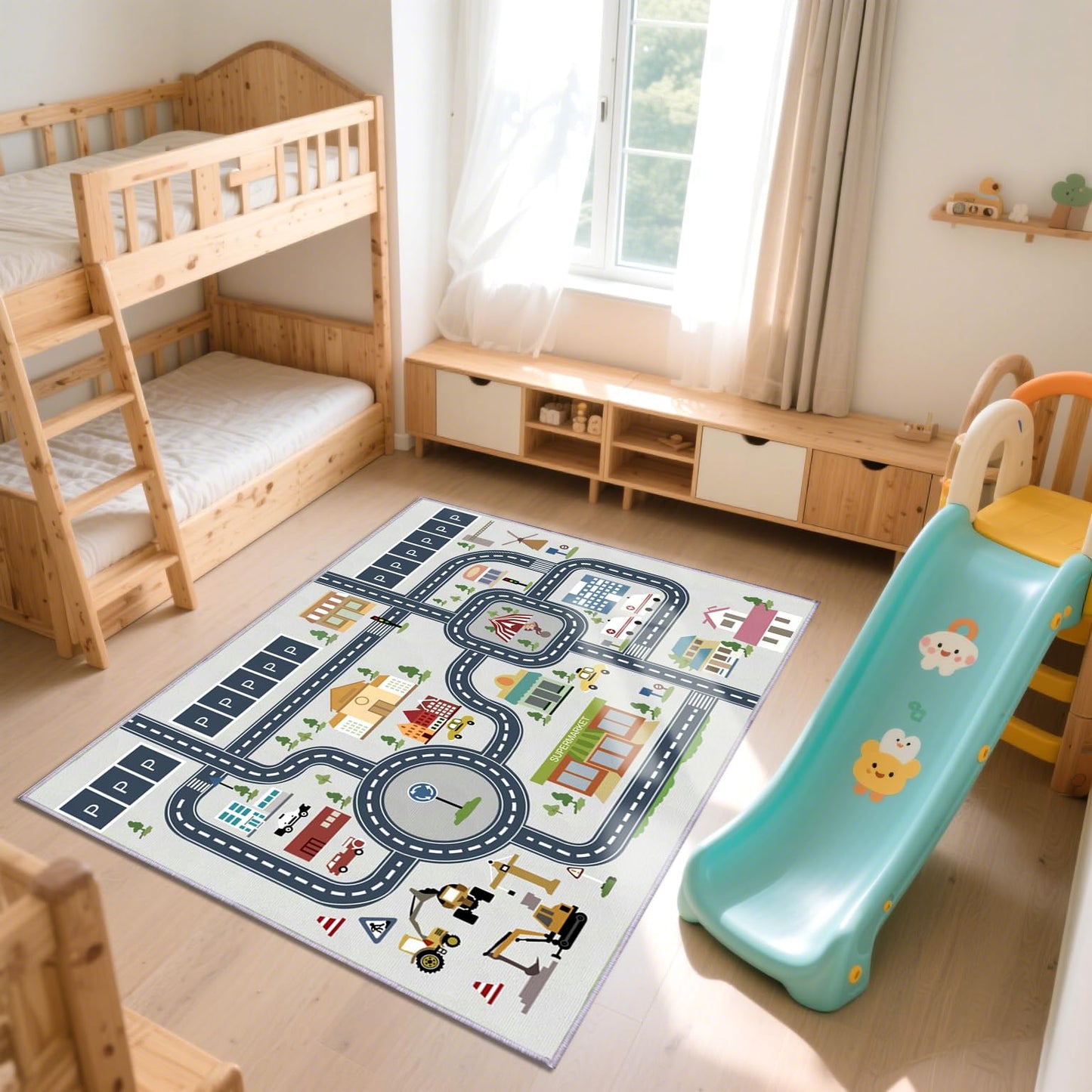 HOJOMACA Car Rug 32×47inch, Road Carpet Play Mat for Toy Cars, Non-Slip Race Track Carpet Rug, Educational Area Play Rugs for Children Playroom Bedroom (Town Road)
