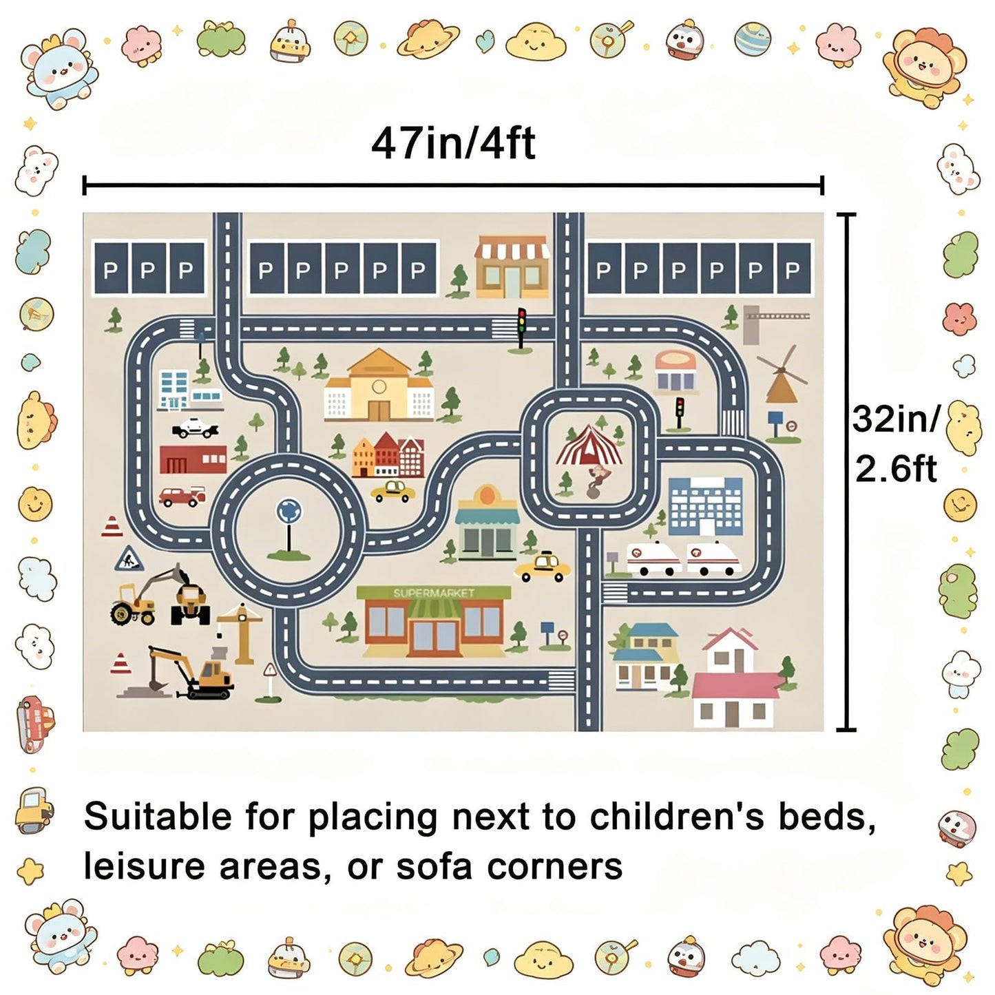 HOJOMACA Car Rug 32×47inch, Road Carpet Play Mat for Toy Cars, Non-Slip Race Track Carpet Rug, Educational Area Play Rugs for Children Playroom Bedroom (Town Road)