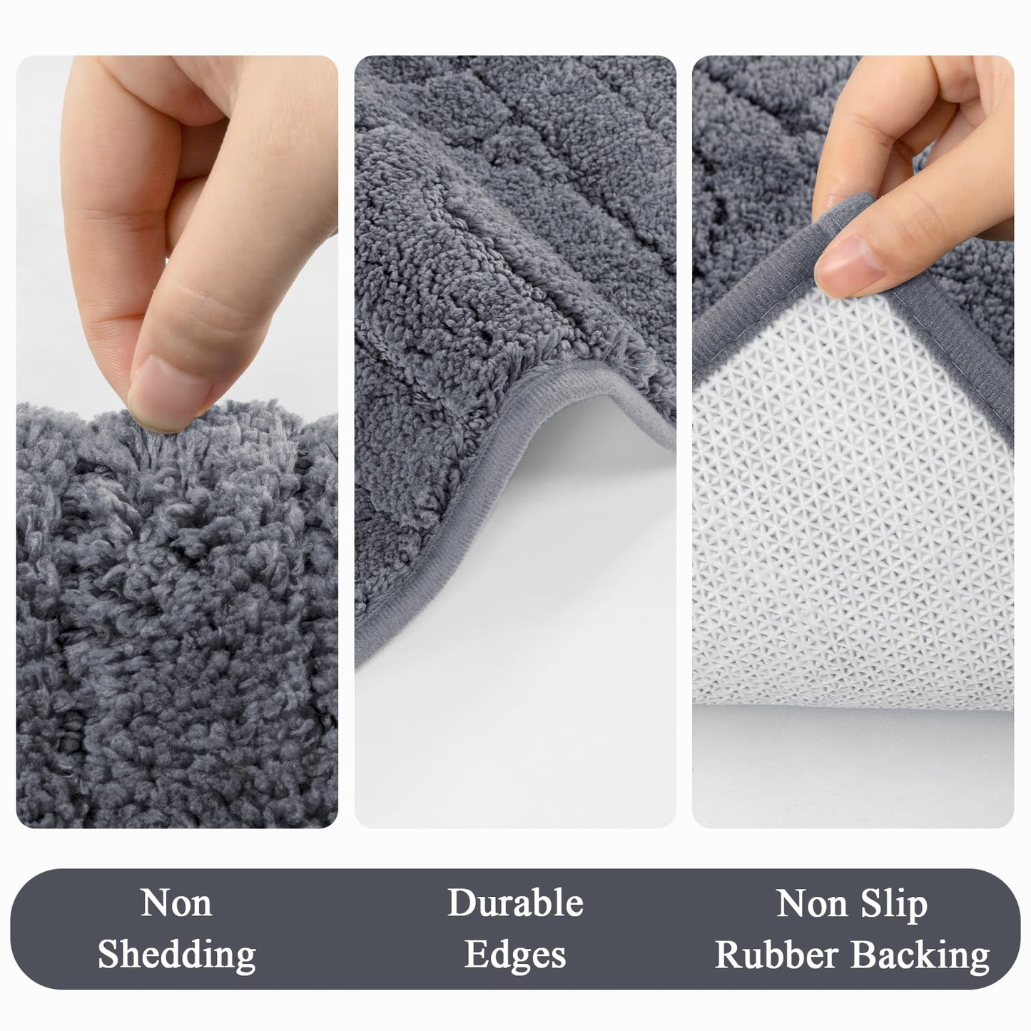 Vaukki Bathroom Rugs Sets 3 Piece, Grey Washable Non Slip Soft Bath Mats for Shower and Tub, Plush Absorbent Microfiber Toilet Rug U Shaped, 32x20+26x18+24x20 Inch