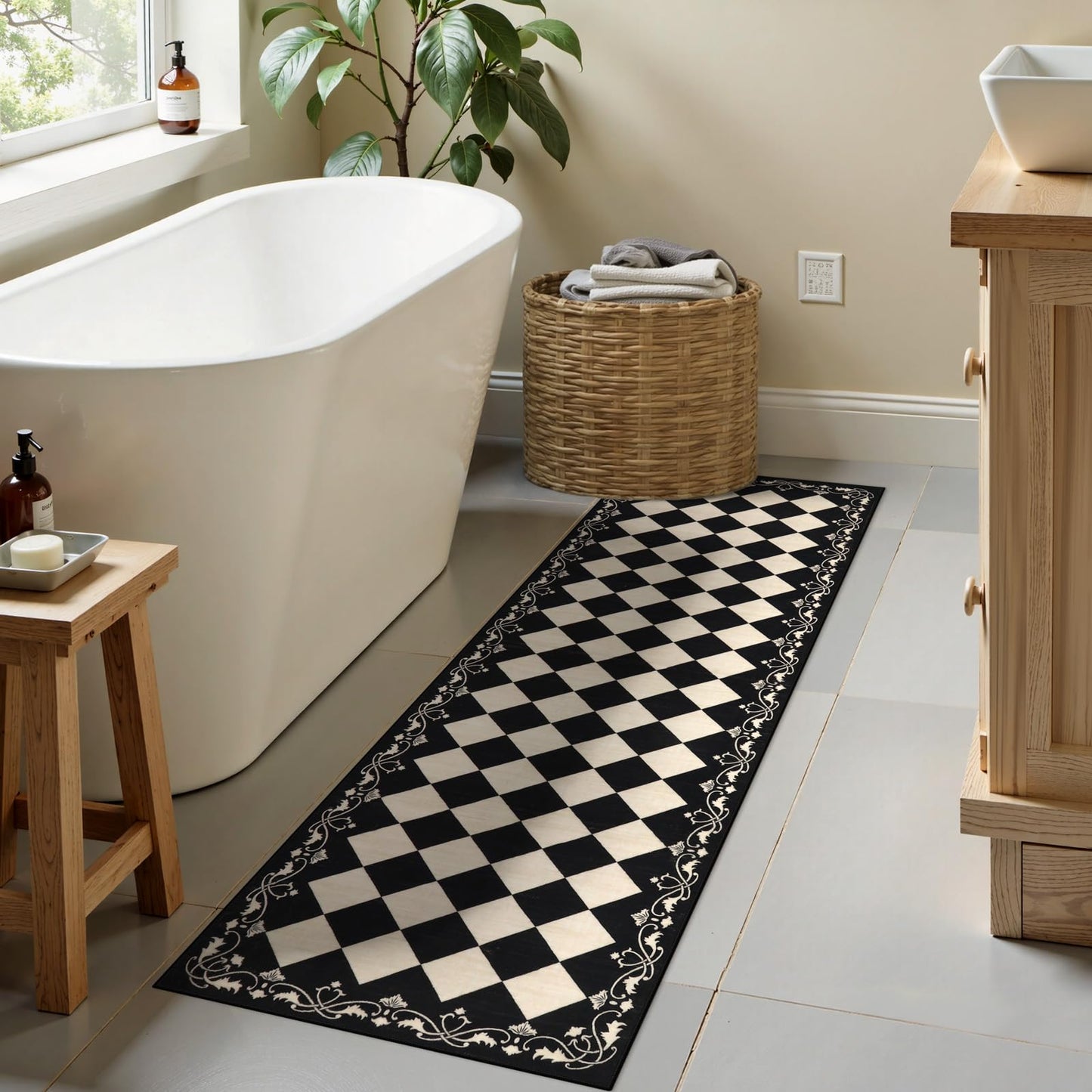 Beeiva Checkered Bathroom Runner Rug 2x6, Black and White Washable Runners for Hallways Non Slip, Moroccan Trellis 2x6 Rug for Besides Laundry Kitchen, Checkerboard Stain Resistant Bathroom Decor
