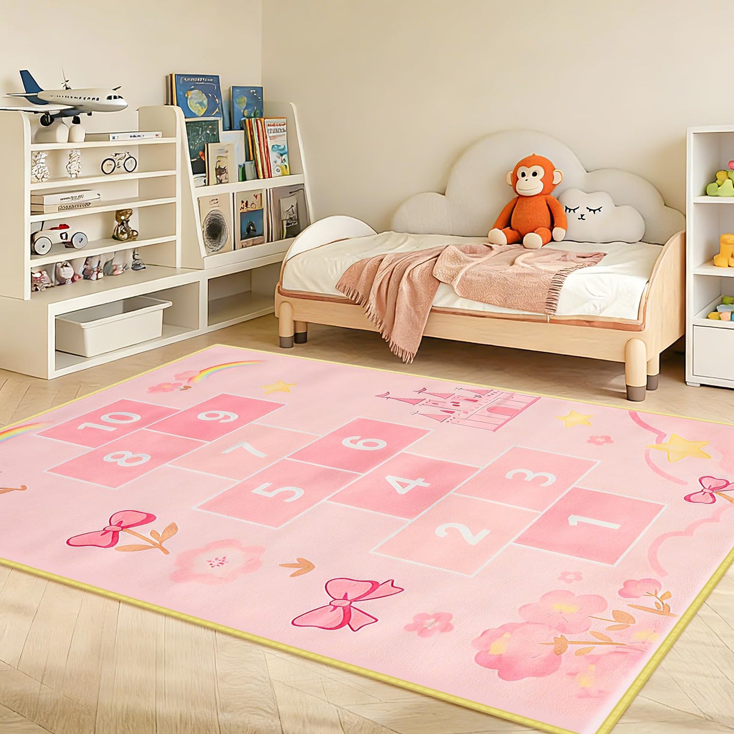 JinKune Area Rug Kids Rug 4'x 6', Hop and Count Hopscotch Rug for Kids, Pink Fantasy Castle Themed Non-Slip Washable Play Carpet, Educational Number Game Mat for Girl's Bedroom Playroom Classroom