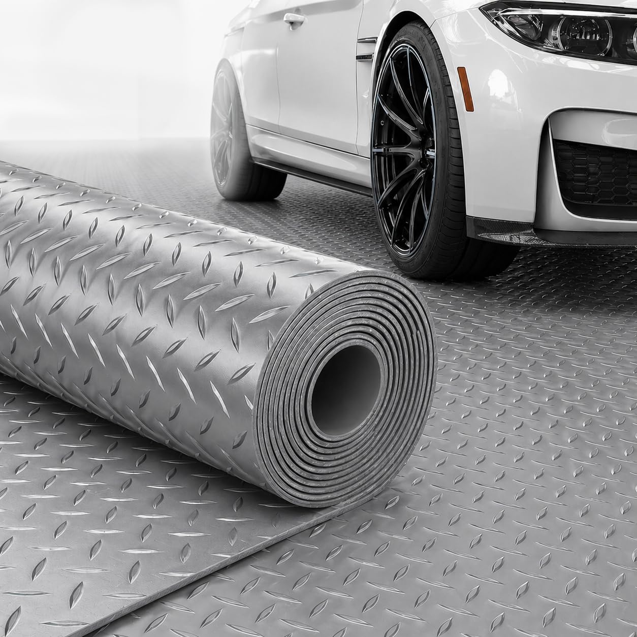 4x10 FT Garage Floor Mat, 2.8mm Thickened Diamond Plate PVC Rubber Heavy Duty Flooring Roll Covering Non-Slip Floor Protector Mat for Under Car Parking/Garage/Warehouse/Gyms/Trailer (Gray)