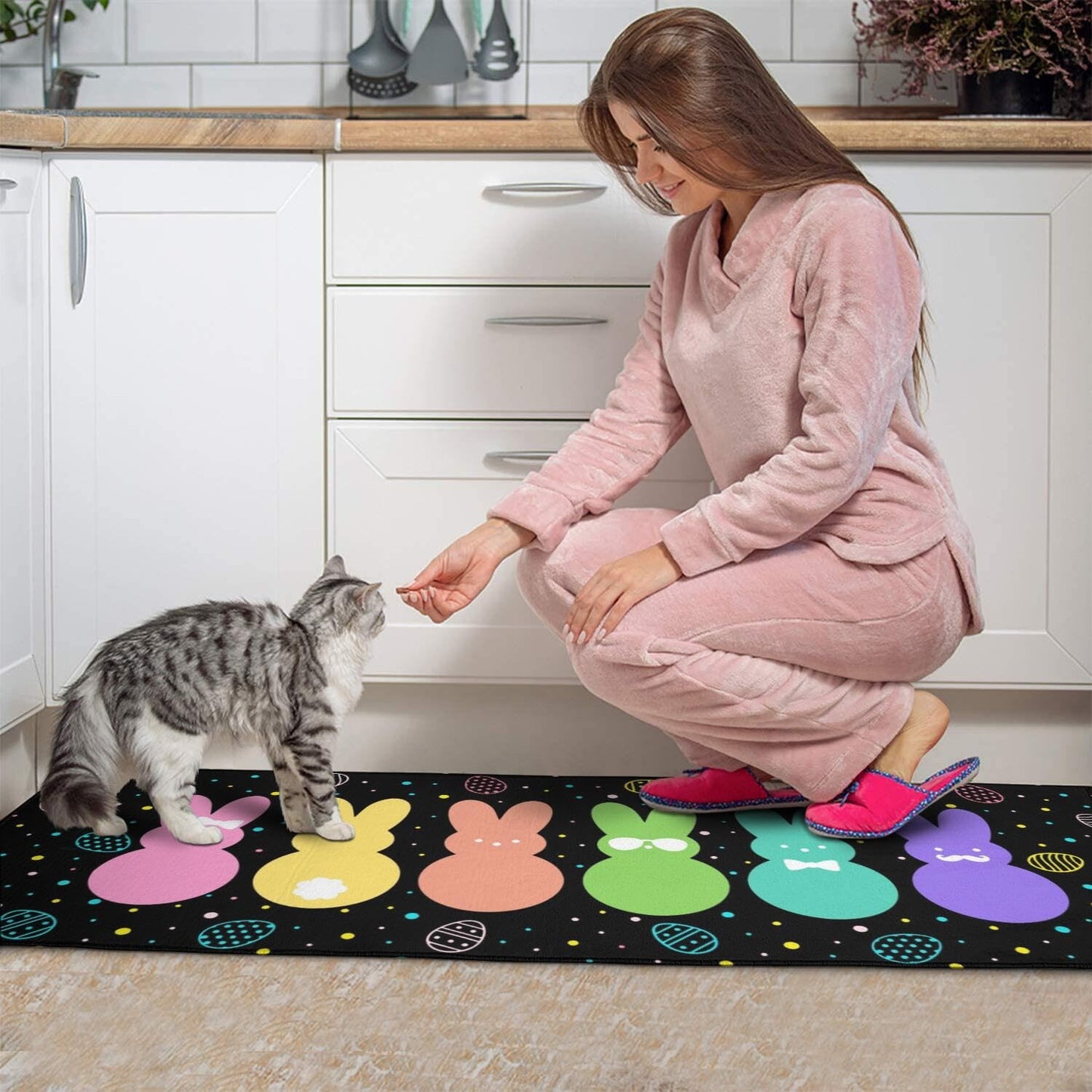 Qeenking Cute Easter Rabbit Farmhouse Kitchen Rugs Sets of 2, Black Bunny Washable Anti Fatigue Runner Mats for Floor, Non Slip Holiday Decor Mat for Sink, Laundry, Office 17"x 47"+17"x 30"