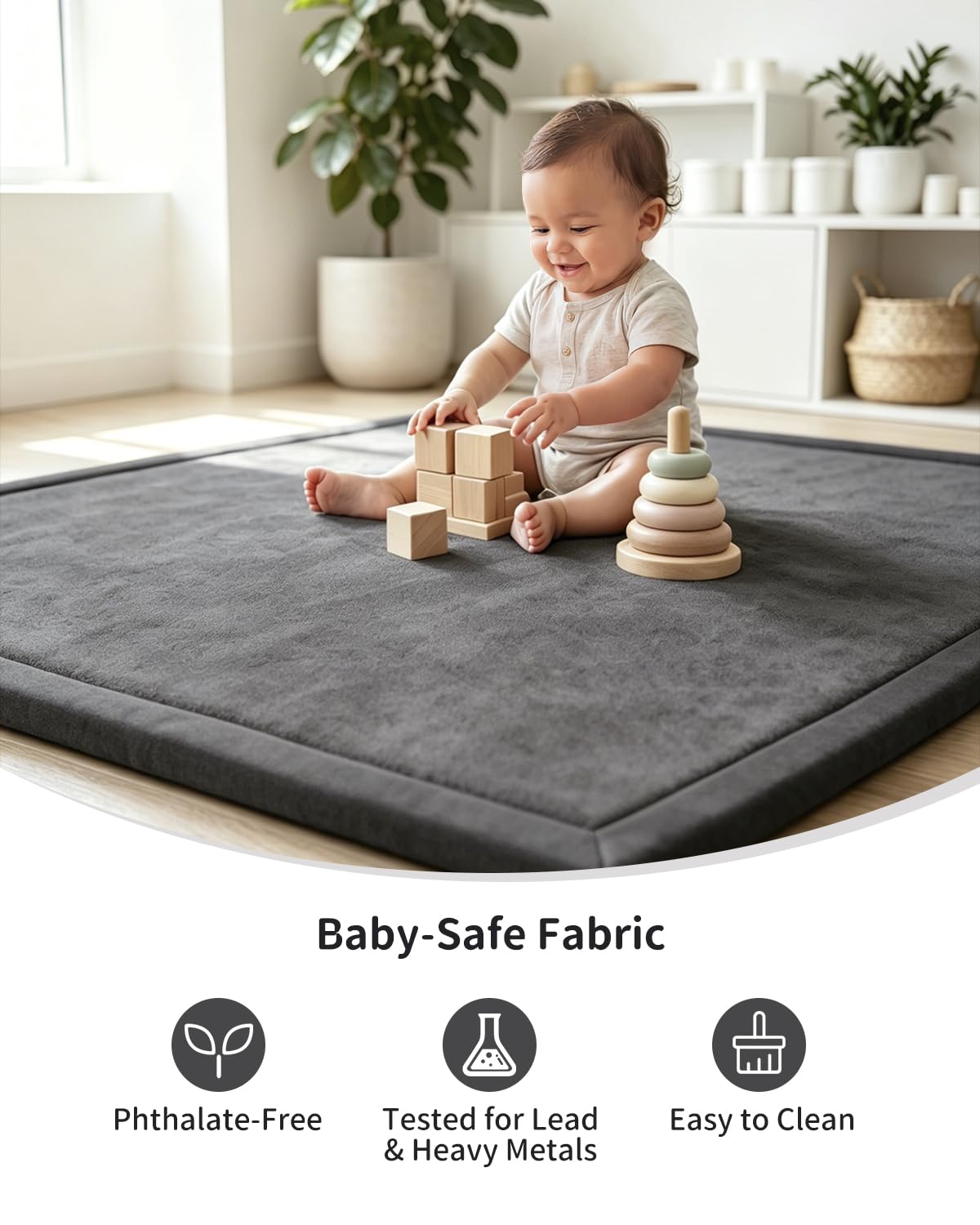Goyuu Soft Baby Play Mat for Floor, 50x50 Playpen Mat Elasti-Foam Padded 1.3" Thick Crawling Nursery Mat, Non-Slip Backing for Toddlers Infant, Water-Repellent Coral Velvet Tummy Time Mat