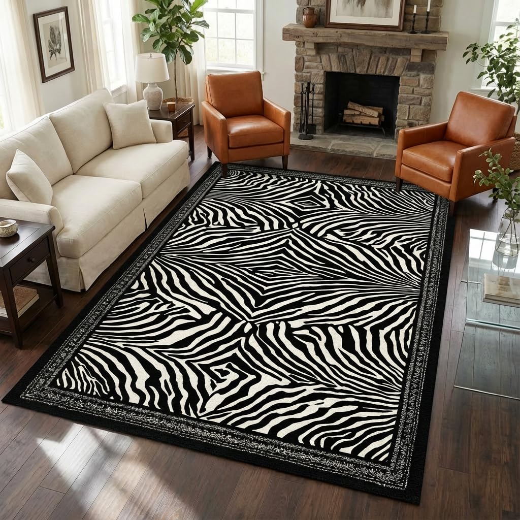 BreezeRise 5x7 Area Rug for Living Room,Modern Abstract Black and White Zebra Print Rug,Non-Slip Washable,Bedroom, Dining Room, Home Office