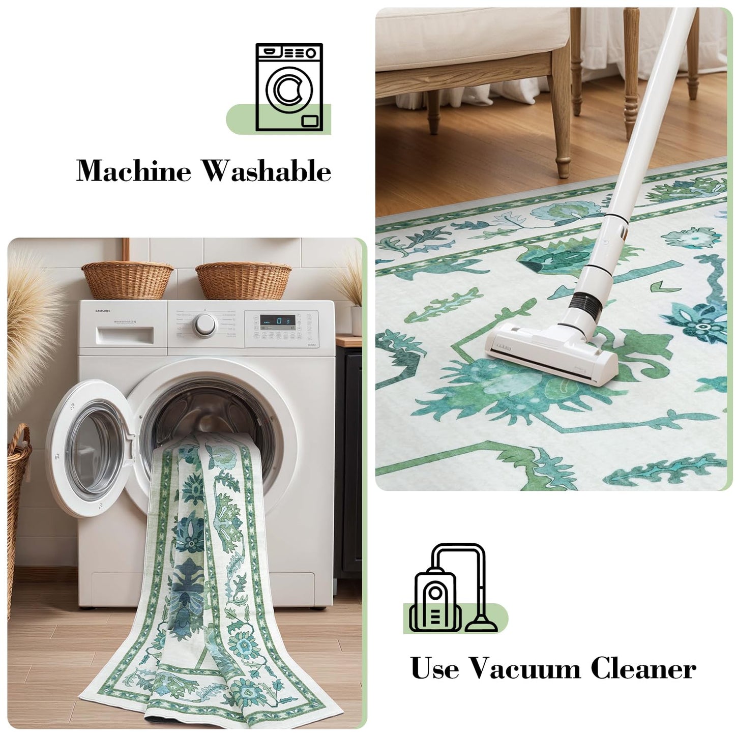Uphome Green Washable Rugs 8x10, Floral Oushak Rugs for Living Room Bedroom, Non-Slip Soft Turkish Dining Room Rug, Modern Abstract Ultra-Thin Large Carpet for Office Playroom Dorm