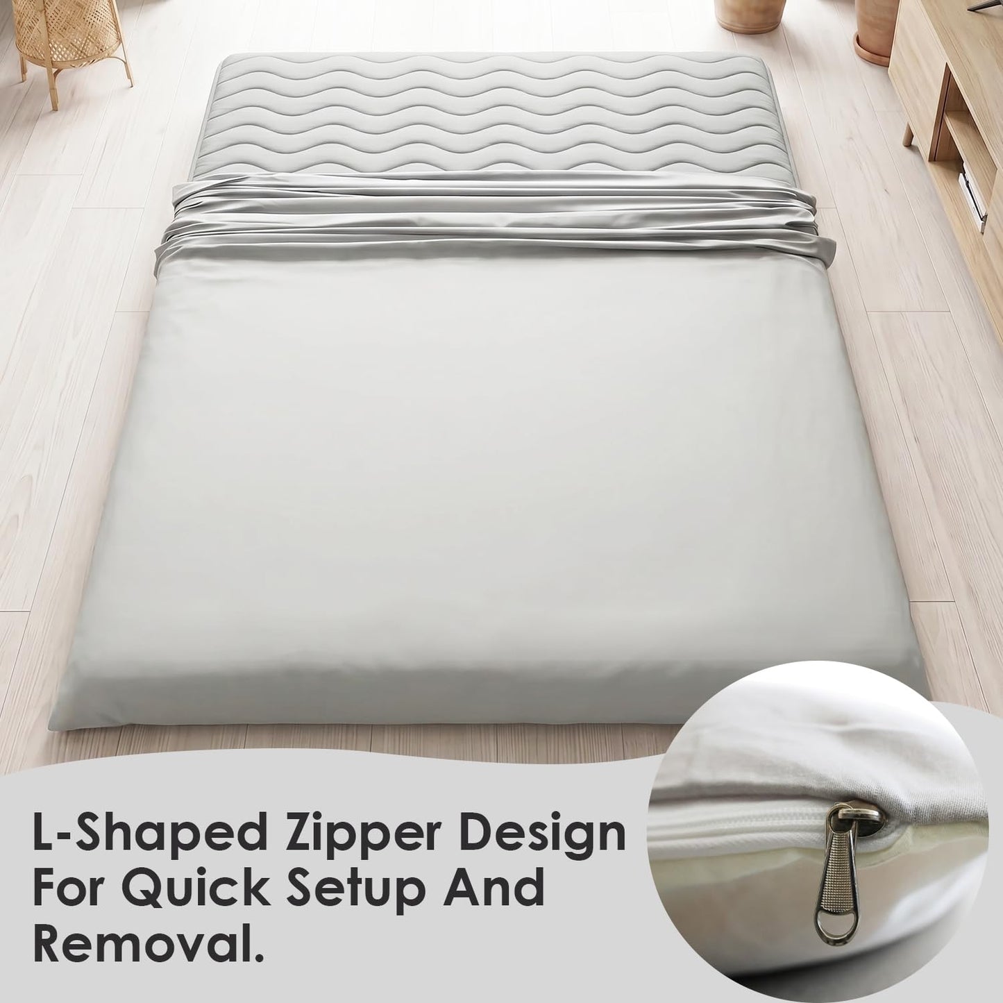 SCHNAUZER HOME Mattress Cover for 2-4" Thick Japanese Futon Mattress, Floor Mattress Tatami Mats Cover with Zipper, Dustproof and Machine Washable, 84" L×58" W, Grey, Full
