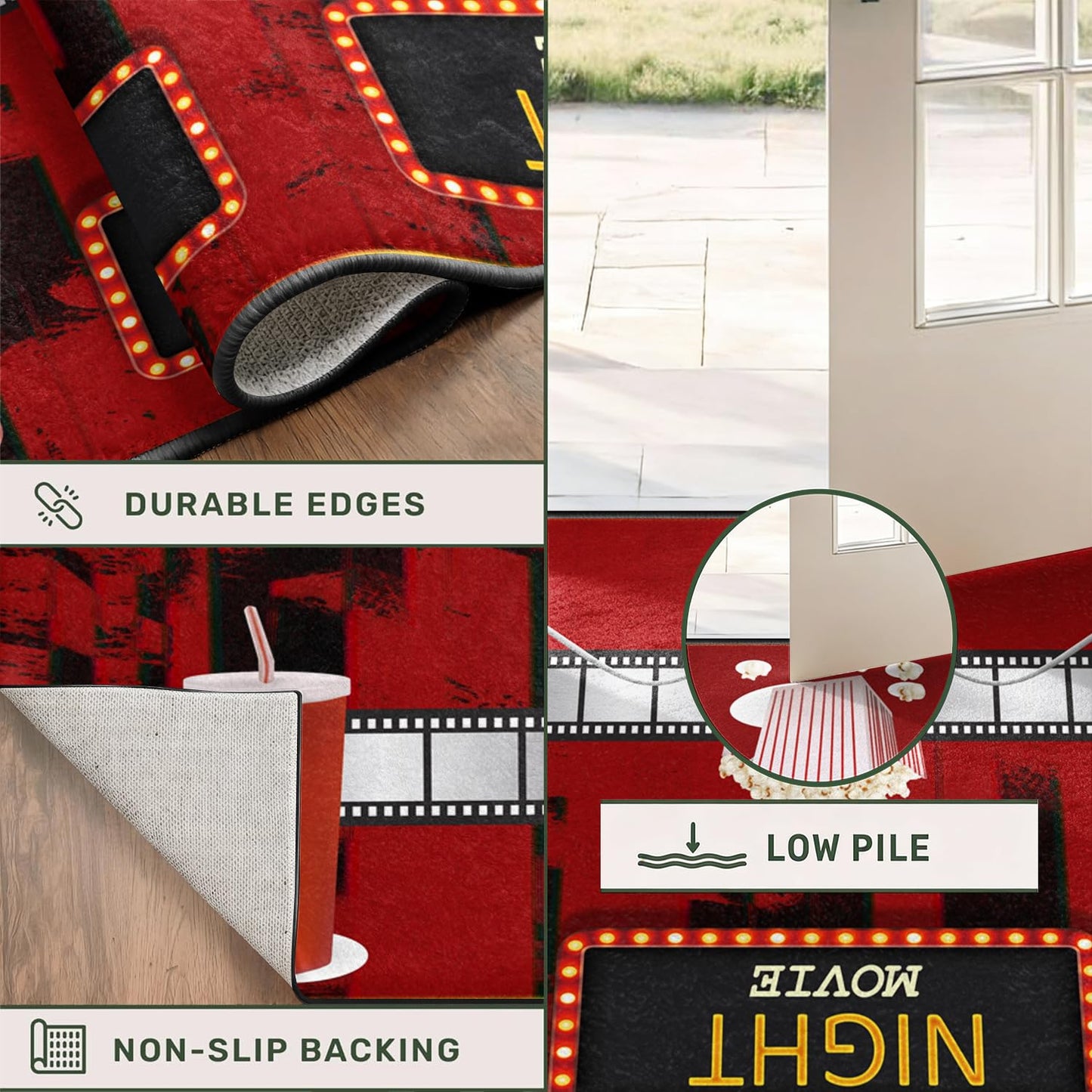 Puyosvr Film Area Rugs,2x7ft,Home Theater Movie Night Floor Mat Non-Slip Rug,Cinema Popcorn Design,Cinema Sign Carpet, Suitable for Living Room, Kitchen Hallway,Party