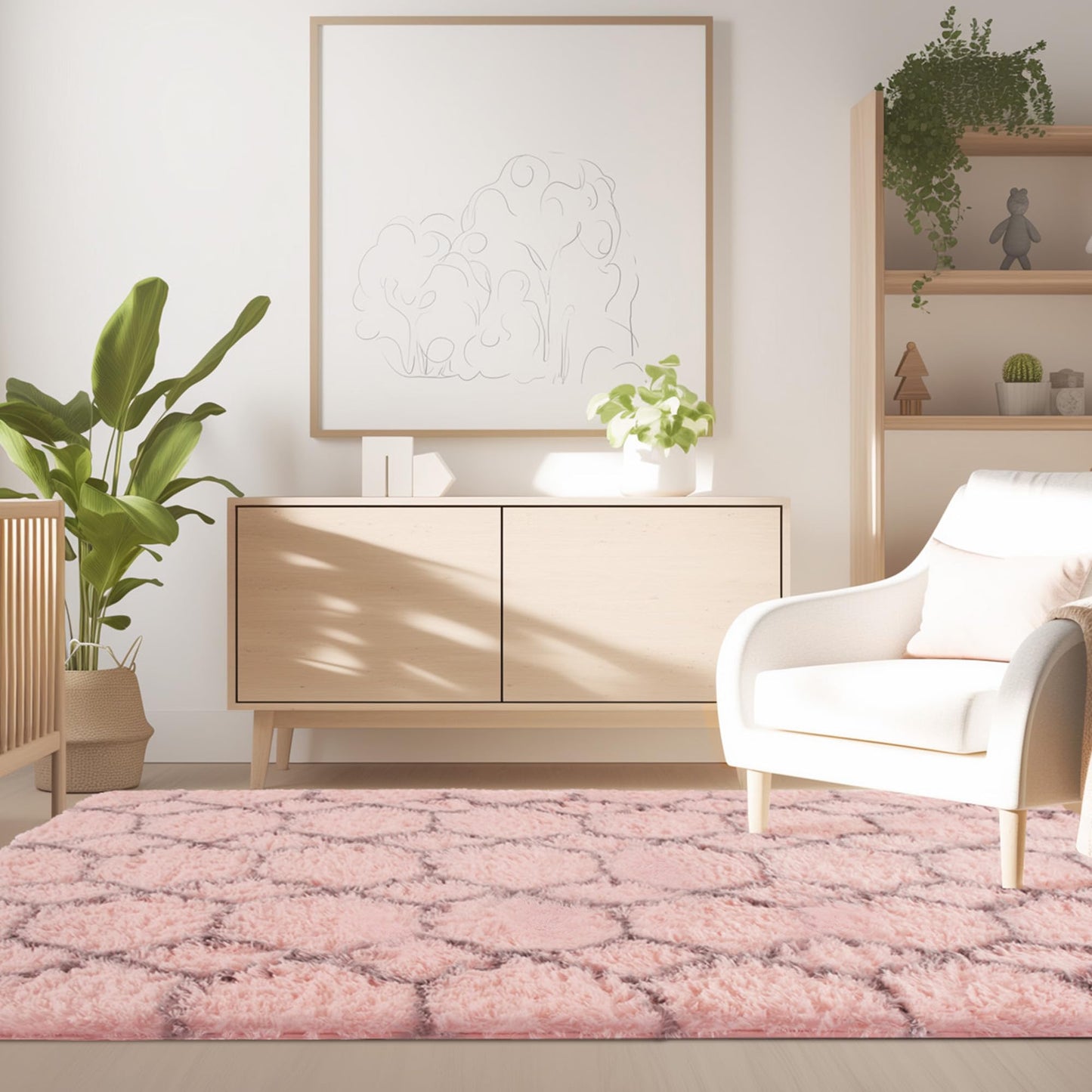 ARKIIKI Fluffy Rug for Bedroom Living Room, 4x6 Pink Soft Area Rug, Machine Washable Shag Geometric Fuzzy Kids Non Slip Carpet Home Decor Aesthetic, Plush Floor Mat for Nursery Teen Dorm, Pink/Grey