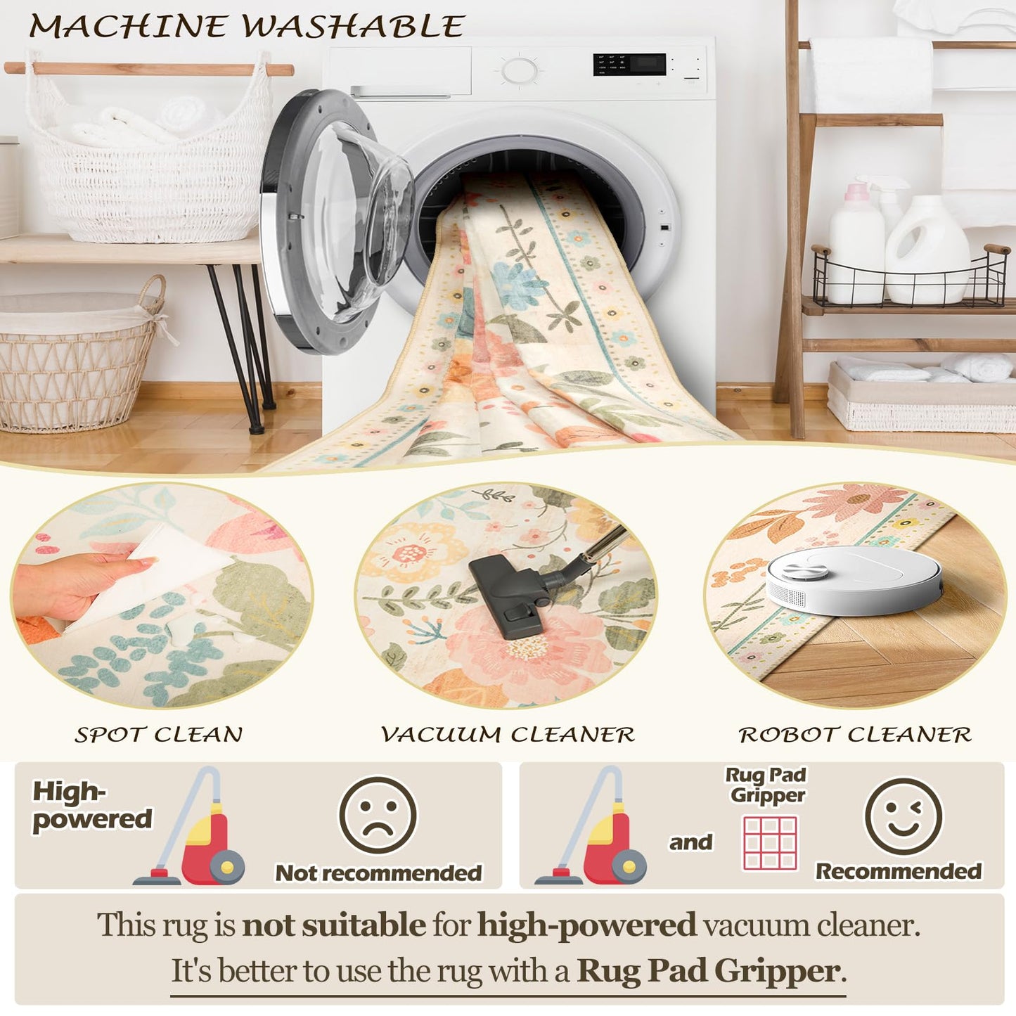 RELEANY Floral 5x7 Area Rugs Washable Print Boho Cute Carpet Non Slip Flower Low Pile for Living Room Bedroom Kitchen Office Farmhouse-Beige/White/Orange