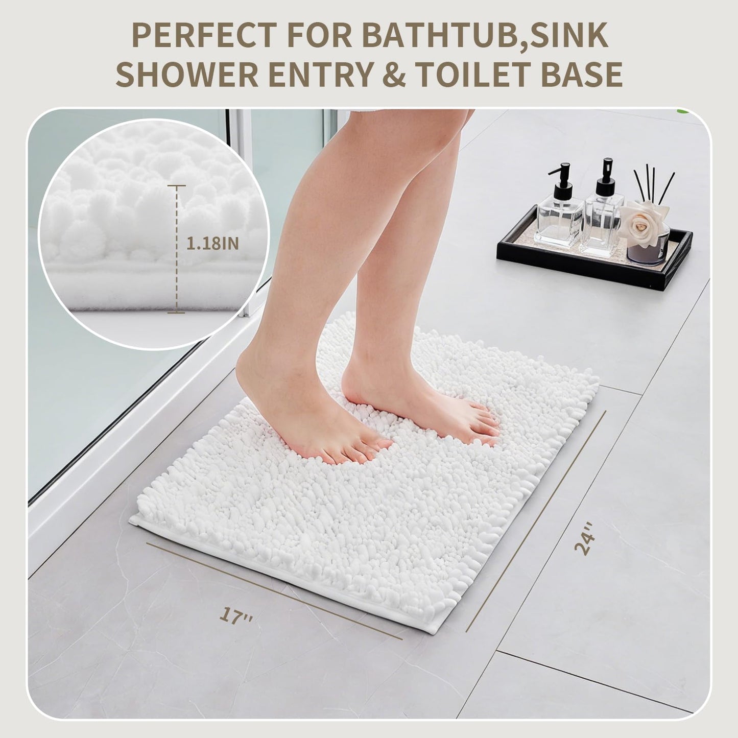 Ruggnovea Bathroom Rugs Non Slip Washable, Extra Thick Soft Chenille Absorbent Bath Mat, High Density Barrier Non Slip Backing, Quick Dry Plush Shaggy Floor Carpet for Tub&Shower 24x17, White