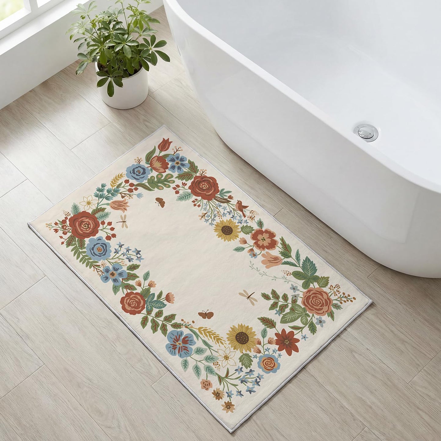 Artoid Mode Beige Sunflower Floral Spring Door Mat, Summer Home Decor Low-Profile Non-Slip Washable Throw Rug for Kitchen Entryway Front Door Bedroom Bathroom 2x3 Feet