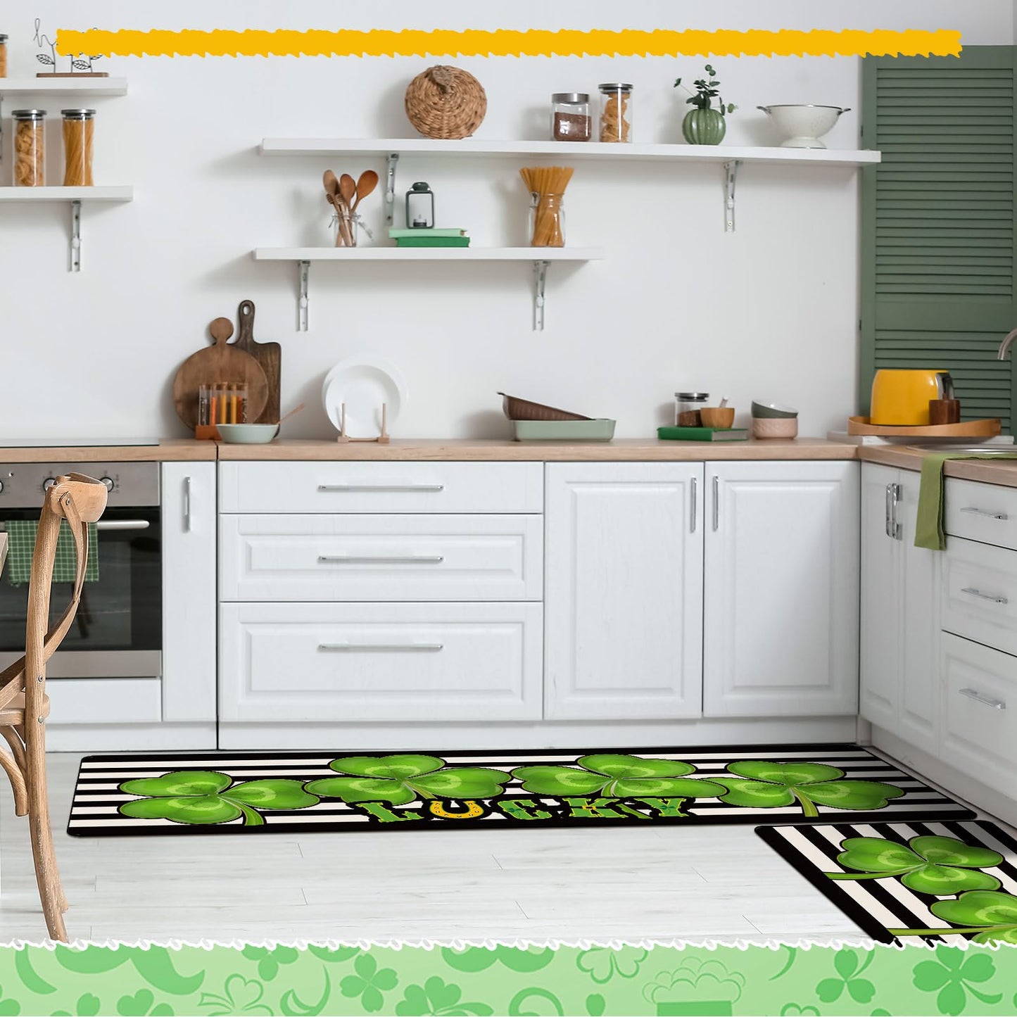 Drydiet 3 Pcs St Patricks Day Kitchen Rugs and Mats Set Shamrocks Non Slip Rug Waterproof Floor Mat for Irish Saint Patricks Day Home Bar Office Bathroom Party Decor