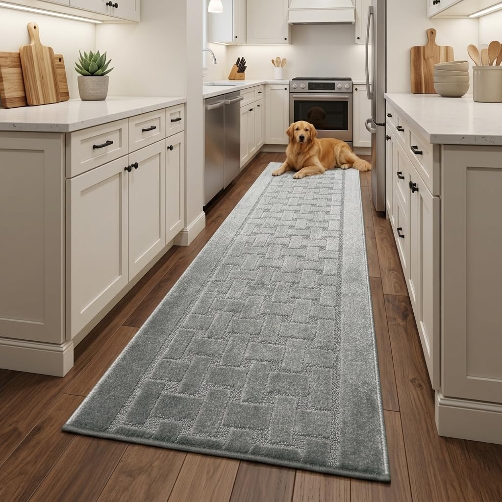 Runner Rug 15 ft, Non-Slip Washable Rug, Grey Textured Carpet for Kitchen Hallway Entryway, Rubber Backing, Indoor, Rolled in Box (26" x 15'), Custom Length Floor Runner