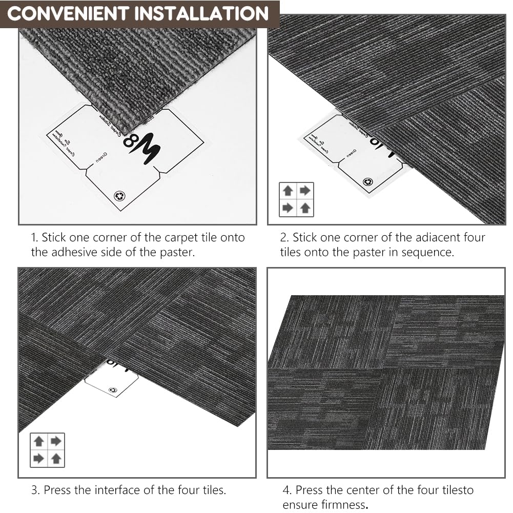 Petgrow Commercial Carpet Tiles, 24" x 24" Squares, 18 Tiles, 72 sq ft, Non-Slip Soft Floor Carpet for Office, Bedroom, Living Room,Easy DIY Installation with Flexlok Tabs (1 Box Sample,Gray)