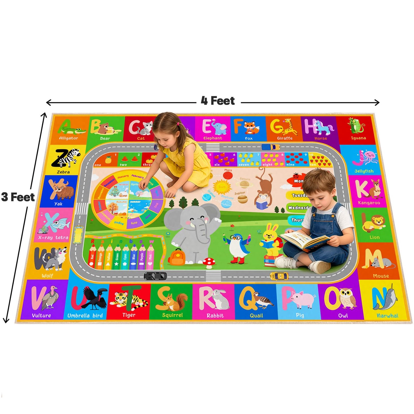 Pionblank Kids Rug for Bedroom Playroom Classroom Kindergarten, 3x4 Educational Area Rugs with ABC Alphabet Numbers Color Season Month for Toddler Nursery Girls Boys