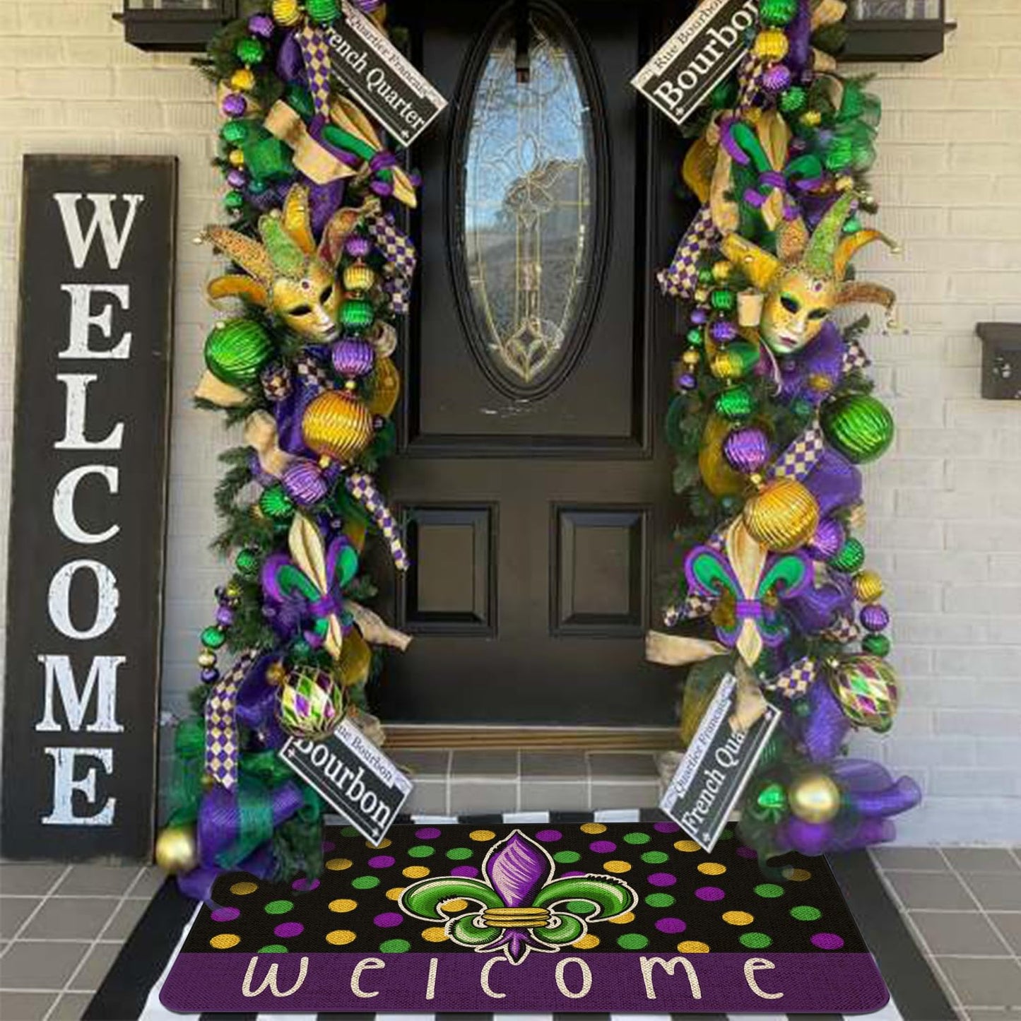 Kuyuayee Mardi Gras Welcome Door Mat 30x17 Inch Carnival Fleur De Lis Doormat Indoor Outdoor Entrance Floor Mats Non-Slip Washable Mardi Gras Decor Rugs