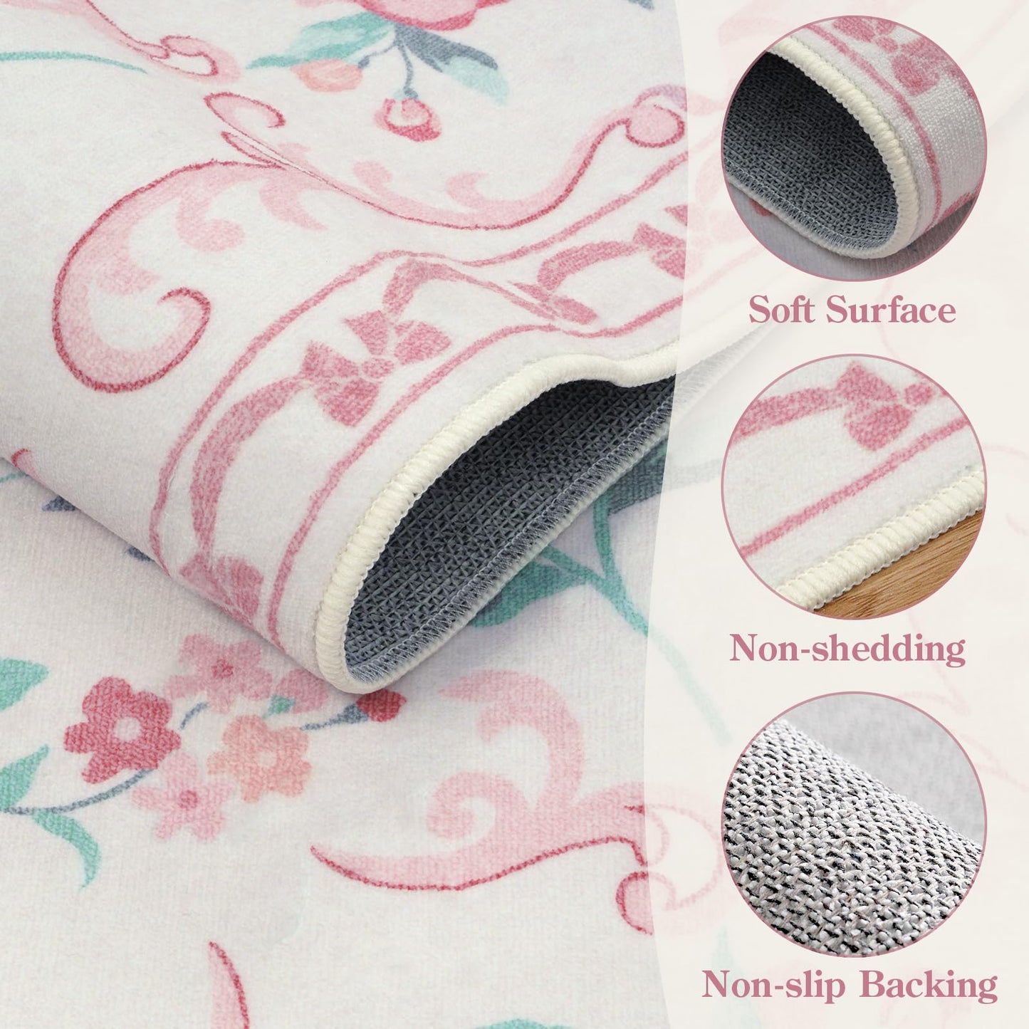 Collive 3x5 Nursery Rug, Boho Pink Floral Area Rugs Machine Washable, Soft Ultra-Thin Bow Carpet Non Slip for Girls Room Bedroom Entryway Playroom Living Room (Pink, 3' X 5')