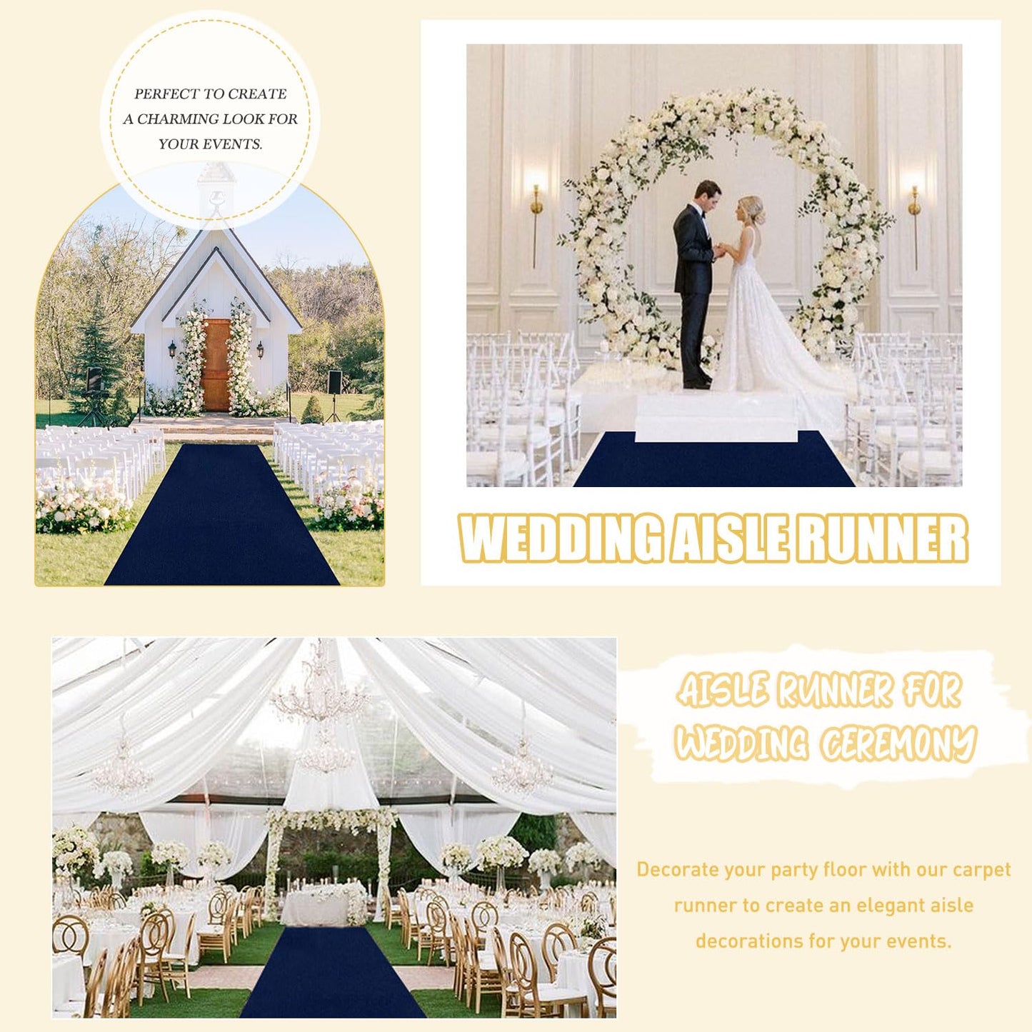 FUHSY Wedding Aisle Runner Navy Blue Aisle Runner 2FTx15FT Aisle Runners for Wedding Ceremony Outdoor Runway Carpet Outside Wedding Aisle Bridal Runner for Birthday Party Prom Events
