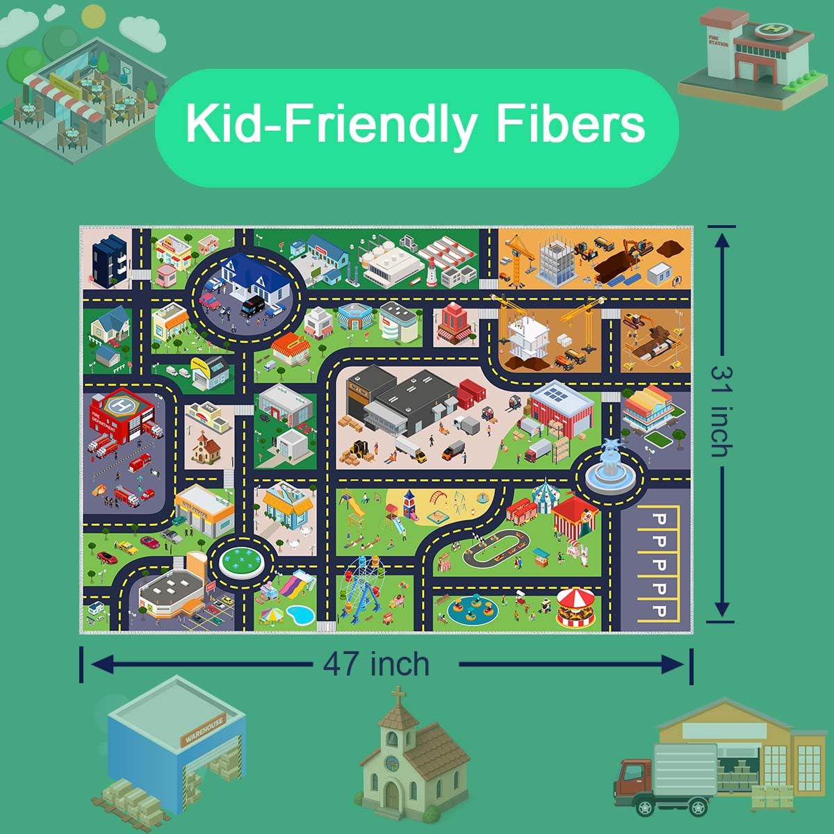 Pyrrhite Kids Rug Playroom Car Play Mat City Life Road Rug for Cars Fun City Map for Track Toys, Carpet for Bedroom Boys (City, 31×47in)