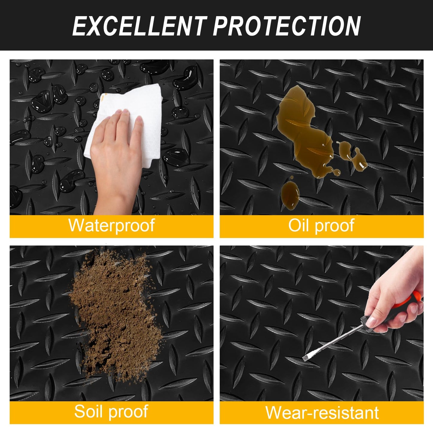4x8FT Garage Floor Mat, 2.8mm Thickened Flooring Roll for Under Car, Golf Cart Parking Mat, Diamond Plate PVC Rubber Motorcycle Mat, Non-Slip Floor Protector for Garage Warehouse Trailer, Black