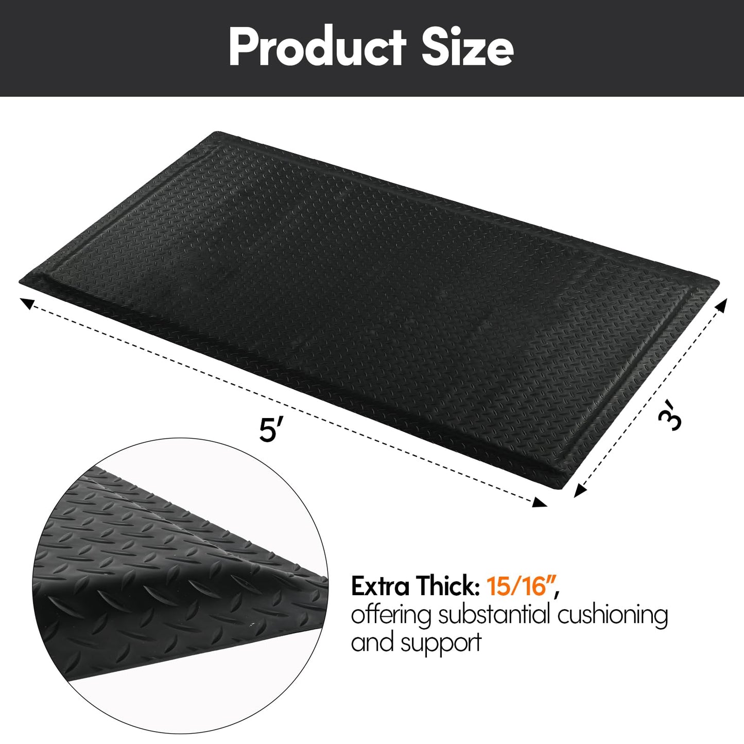 ISXACFF Anti Fatigue Mats Industrial 3' x 5' 15/16" Thick Ergonomic Standing Mat Commercial Kitchen Mat Heavy Duty Diamond Plate Shop Floor Mat Helps Relieve Back and Leg Soreness