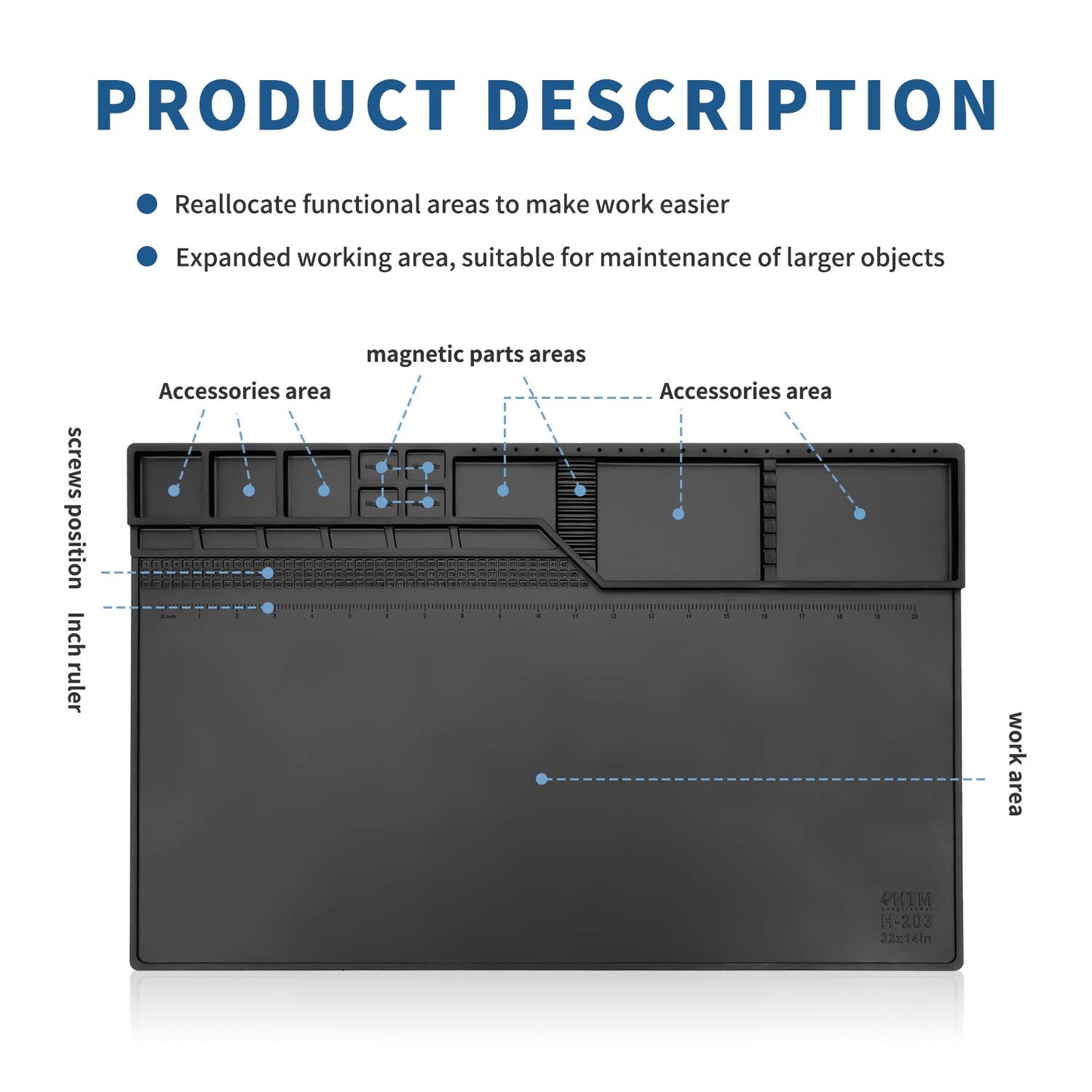 HengTianMei-203 Black Magnetic Repair Work Mat Heat Resistant Large Silicone Soldering Mat Expand Work Area for Soldering, Electronics, Computer Repair Etc 22" * 14"
