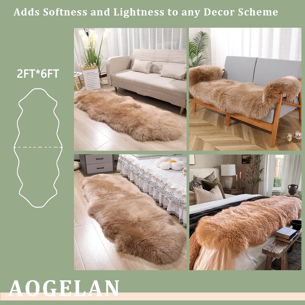 Real Sheep Skin Rug with Little Patches-Genuine Fuzzy Sheepskin Carpet for Bedroom Floor Living Room Sofa Luxury Fur Wool Pad (Light Brown, 2FT×6FT Patchwork)