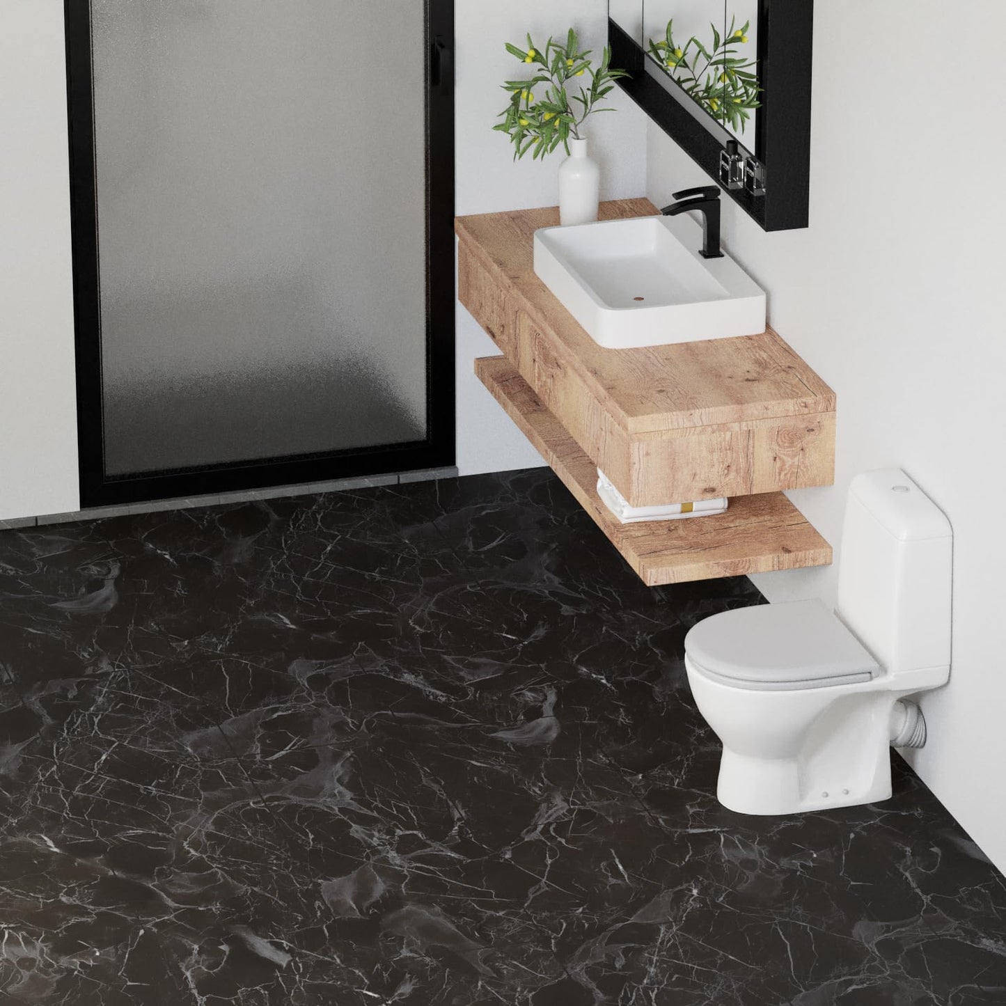 Oxdigi Vinyl Floor Tiles Peel and Stick 23"x 118"/19 Sq.Ft, Thicken Self Adhesive Vinyl Flooring Roll Marble Pattern Waterproof DIY Floor Coverings for Bathroom Living Room Kitchen, Black Marble