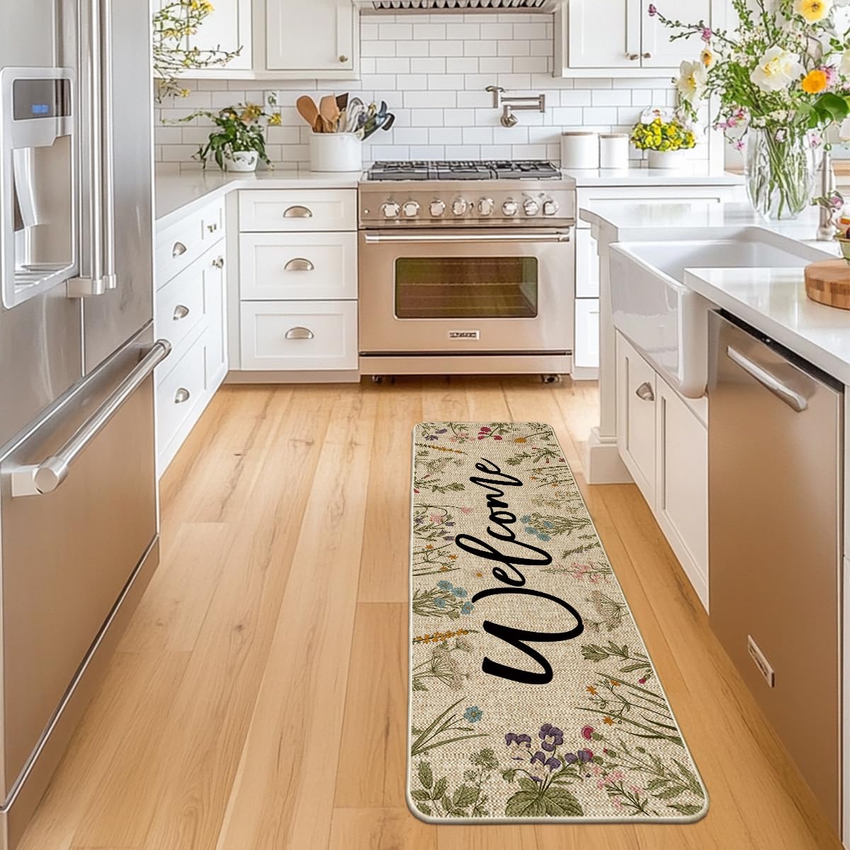 Artoid Mode Wild Flowers Welcome Spring Runner Rug, Summer Home Decor Low-Profile Switch Rug Door Mat Floor Mat for Indoor Outdoor 24x72 Inch