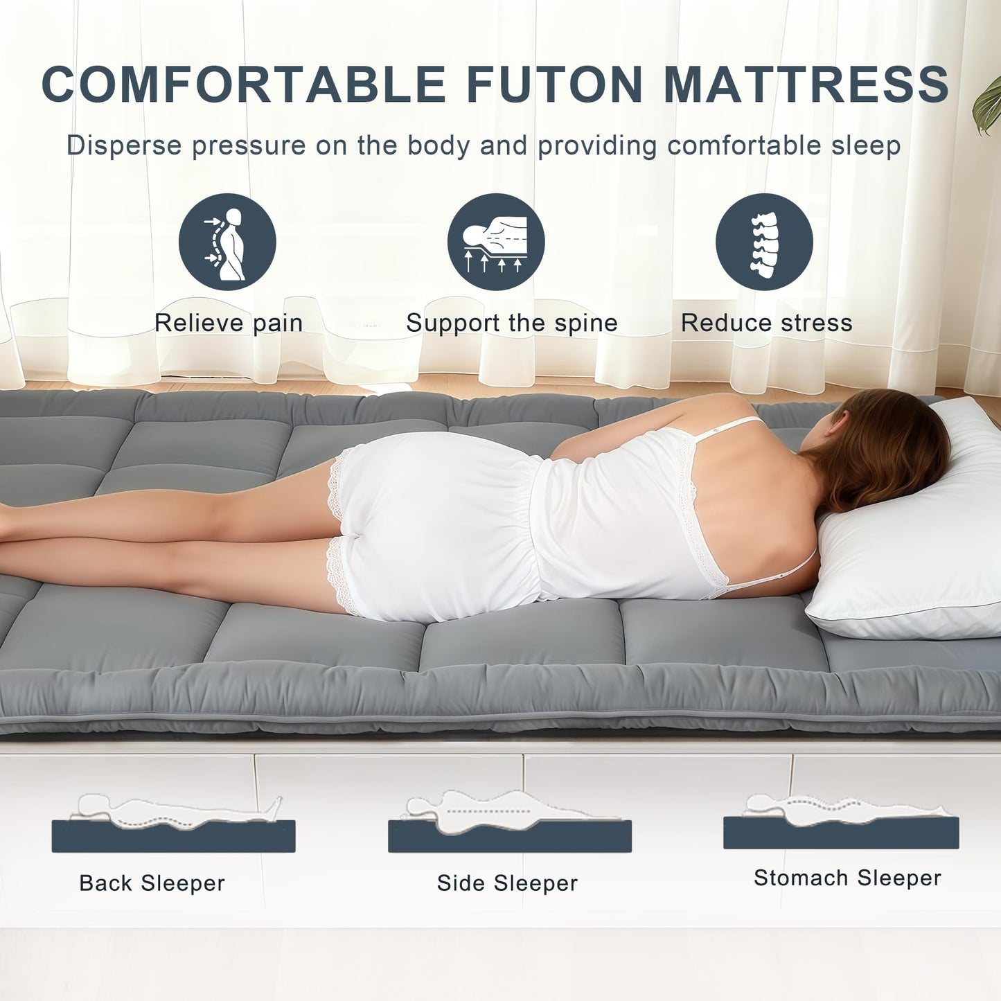 ALPSWAN Japanese Floor Mattress Futon, Thick 5-Layer Roll Up Foldable Mattress, Comfortable Foam Tatami Mat Sleeping Pad (Gray, Queen)