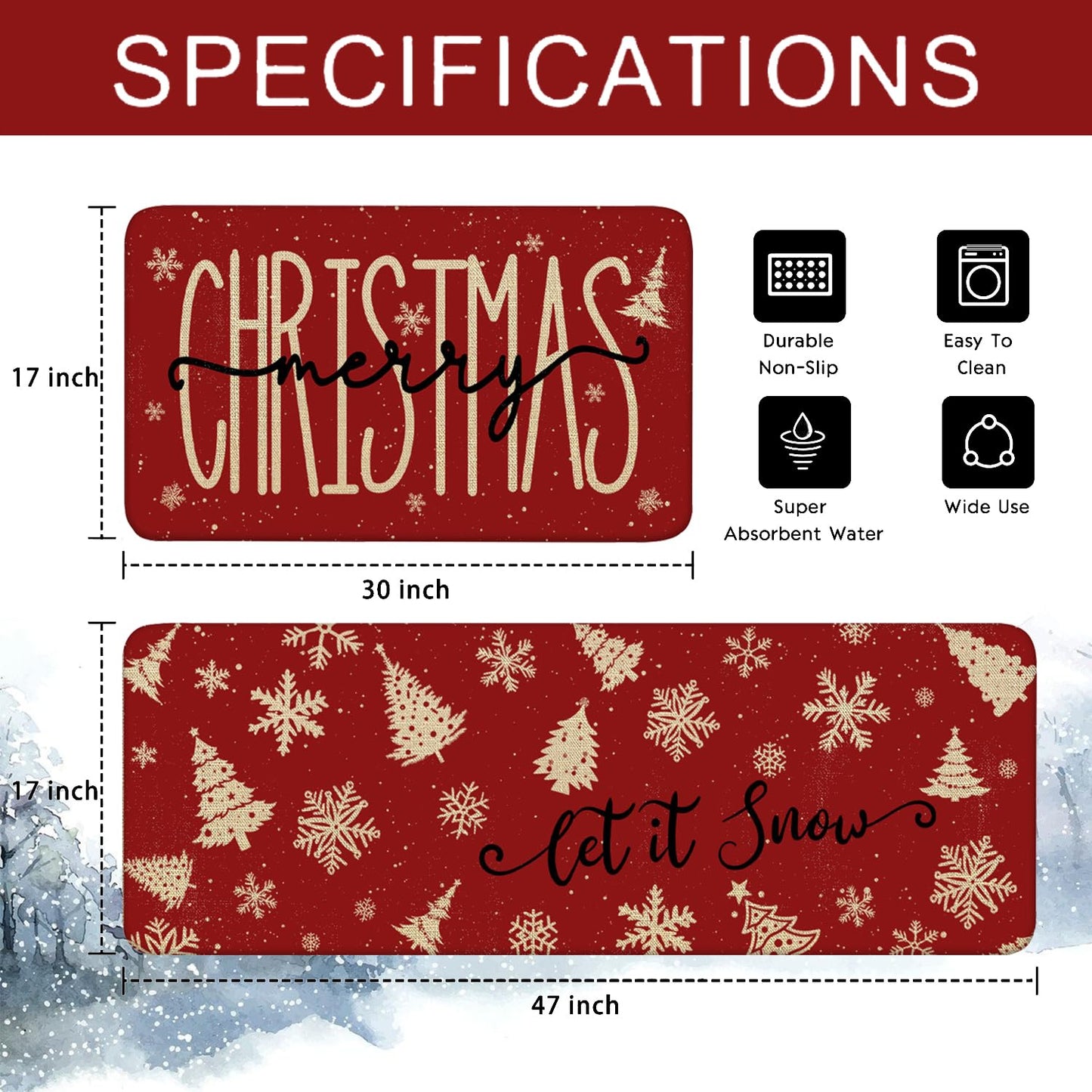 Red Christmas Kitchen Mats Set of 2, Linen Xmas Kitchen Rugs, Merry Christmas & Let It Snow Design, Non-Slip Floor Mats for Kitchen, Entryway Christmas Decor 17x30+17x47 Inch