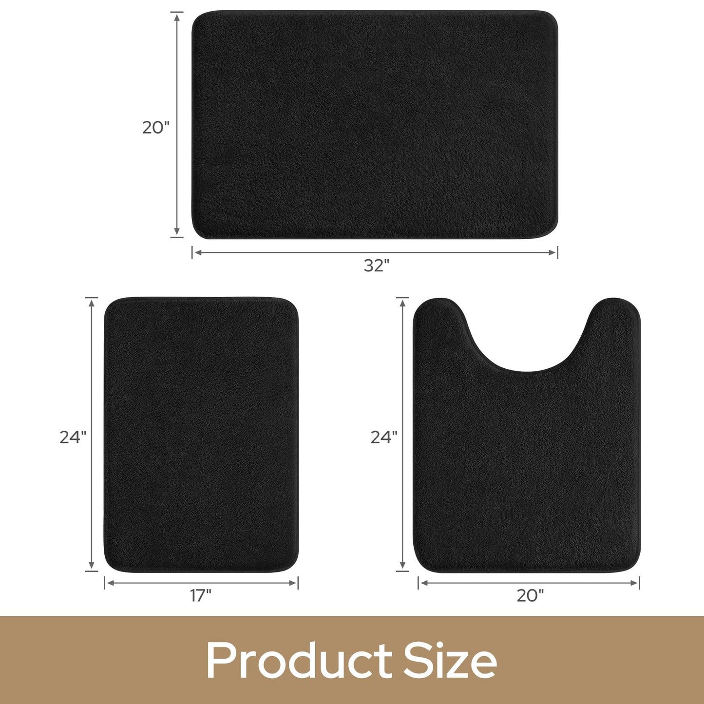 HOMEIDEAS Upgraded Bathroom Rugs Set 3 Piece, Ultra Soft Memory Foam Bath Mats, Super Absorbent Non Slip Washable U-Shaped Toilet Bath Rug (Black, 17"x24"+20"x32"+U-Shaped 20"x24")