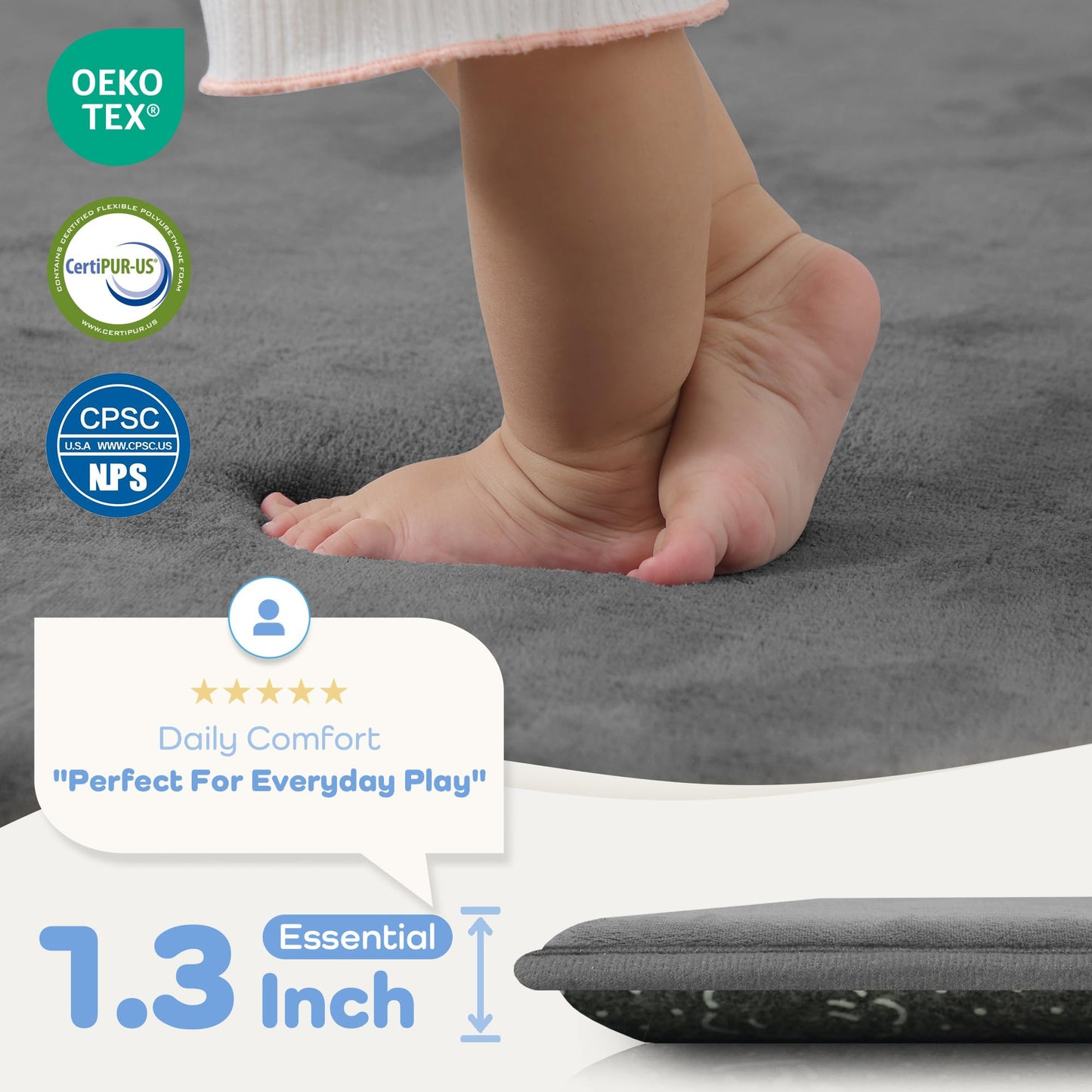 PAPAMAT 1.3" Thick Baby Floor Play Mat 50x50, Basic Padded Foam Mat for Tummy Time Crawling, Non Slip Cushioned for Babies Toddlers Infants Kids (Dark Grey)