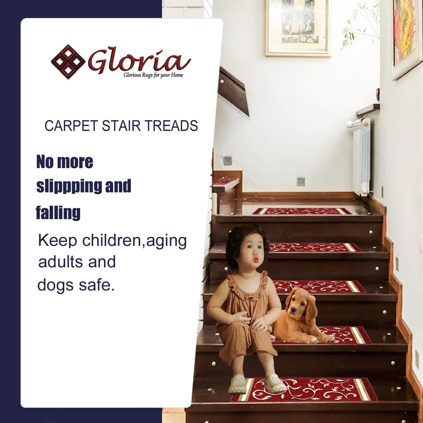 Gloria Non Slip Rubber Back Pet Friendly Floral Design Carpet Stair Treads Stairway mats (13, RED)