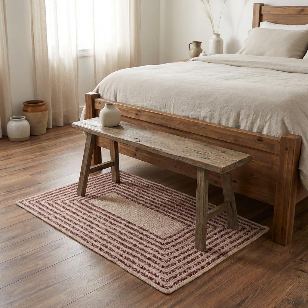 Cotton Braided Rug - 3' X 5' Beige and Burgundy Rectangle Woven Farmhouse Rug for Kitchen - Braided Minimalist Rugs for Entryway - Rustic Primitive Rugs for Bedside