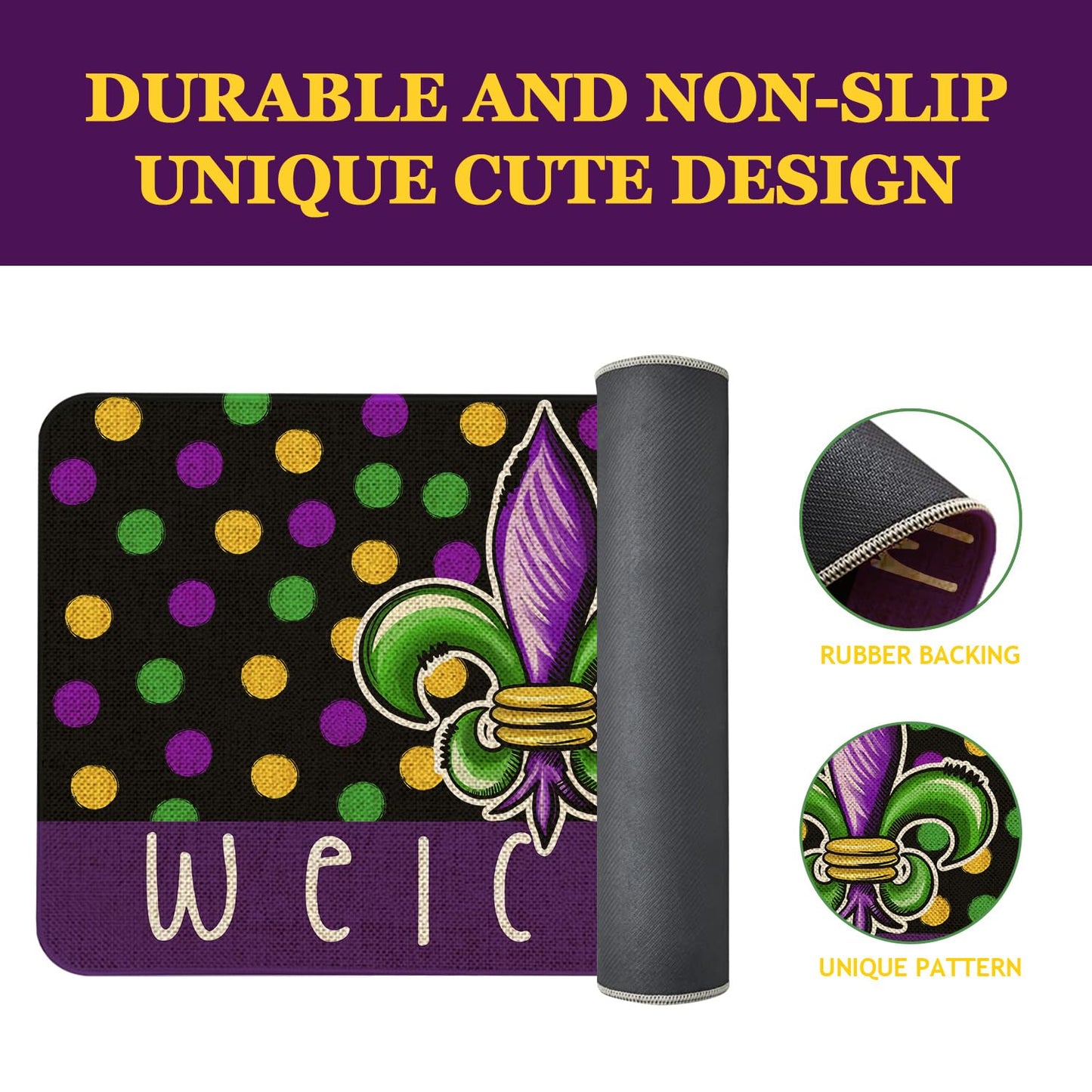 Kuyuayee Mardi Gras Welcome Door Mat 30x17 Inch Carnival Fleur De Lis Doormat Indoor Outdoor Entrance Floor Mats Non-Slip Washable Mardi Gras Decor Rugs