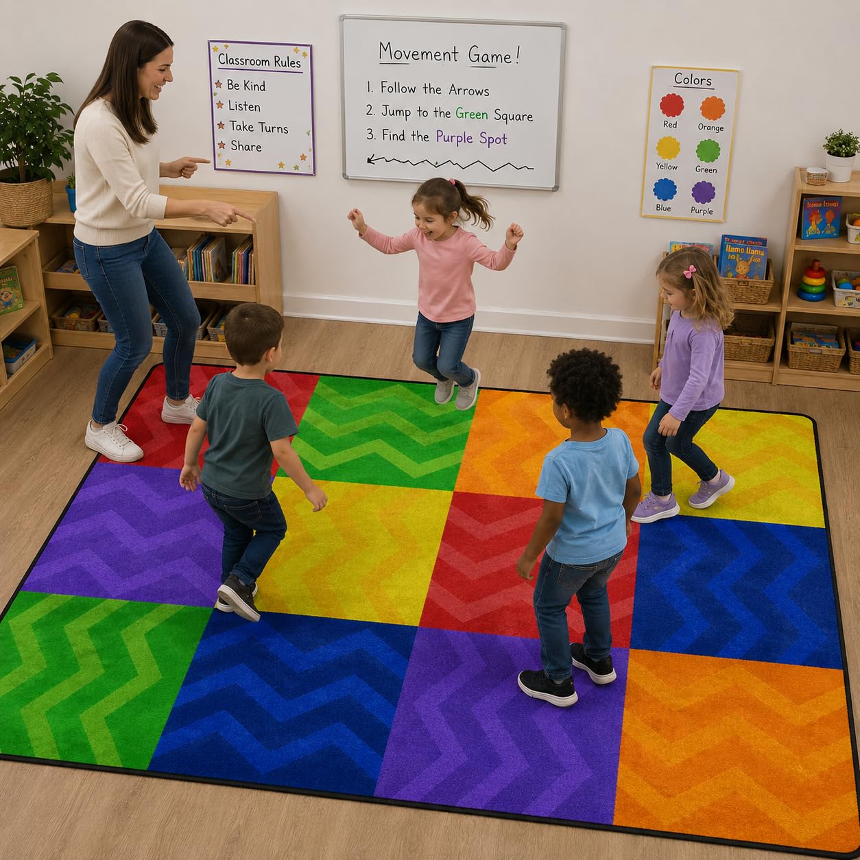 Kids Playmat Rug, Soft Classroom Seating Area Rugs - 5x7 Ft Nursery Carpet with Rubber Backing, Colorful Checkered Rug Suitable for Preschool, Artroom, Library and Reading Area, Multicolor