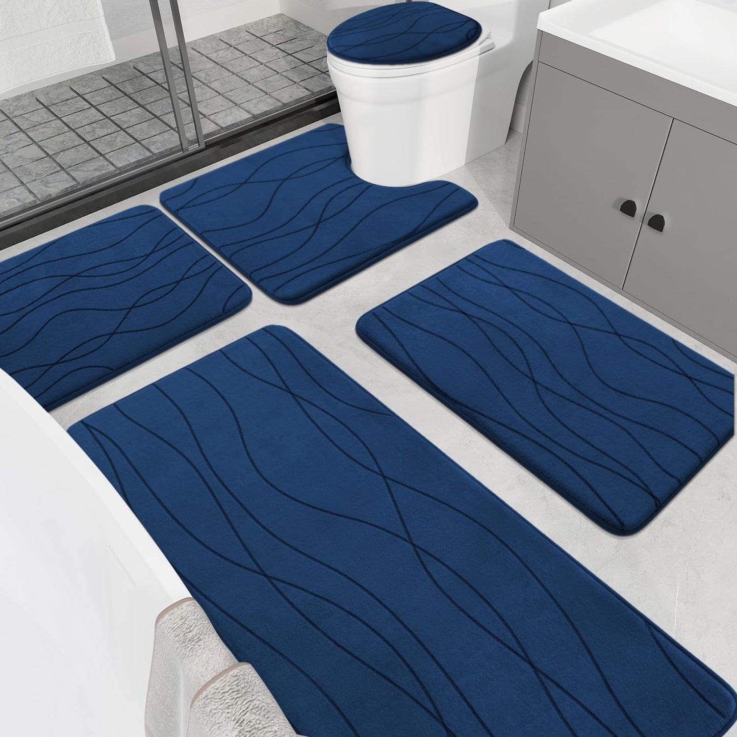 YIHOUSE Memory Foam Bathroom Rug Sets, Navy Blue, 5 Piece