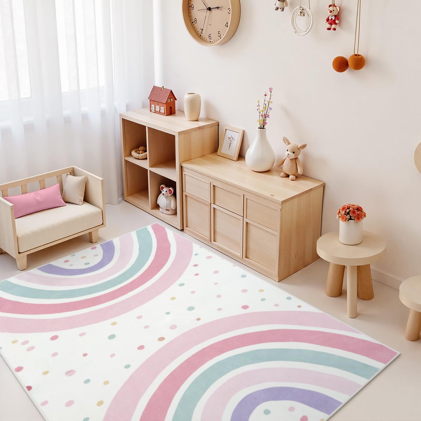 STARUIA 5x7 Washable Rainbow Rug for Girls Bedroom, Soft Polka Dot Pink Rug for Girls Room Nursery, Non-Slip Large Kids Carpet Area Rug for Playroom Classroom Kids Room Princess Castle