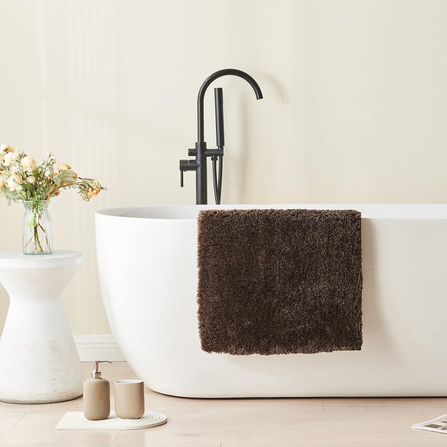 CozeCube Upgraded Shaggy Bath mat for Bathroom Non Slip 15.7" X 23.6", Super Soft Quick Dry Bath Rugs, Fluffy Plush Bathroom Rugs Machine Washable, Dark Brown