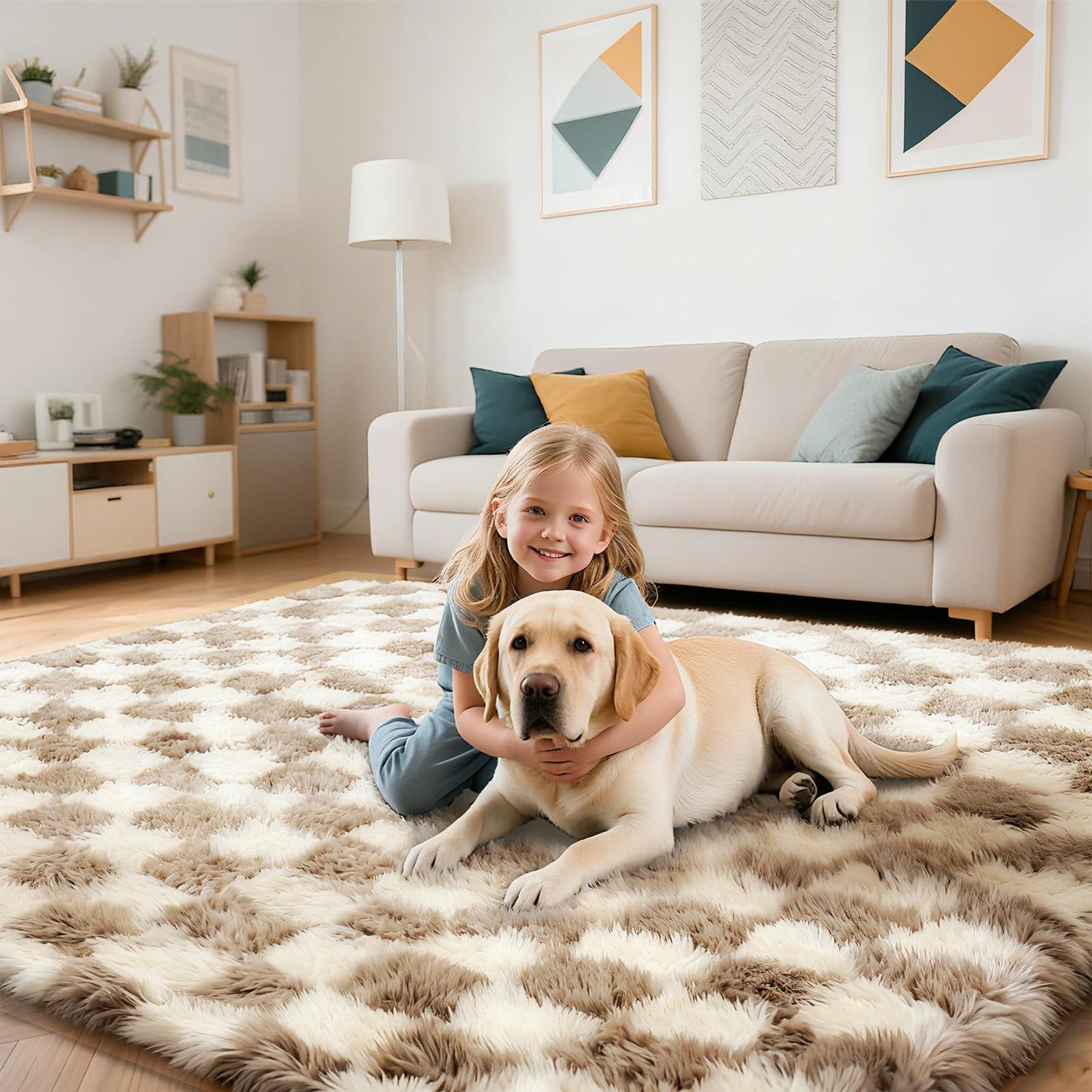 Checkered Rug for Bedroom, 2x4 Beige and White Area Rugs, Classic Checkered Carpets Shag Area Rug, Bedside Rugs for Living Room Bedroom Room Home Decor