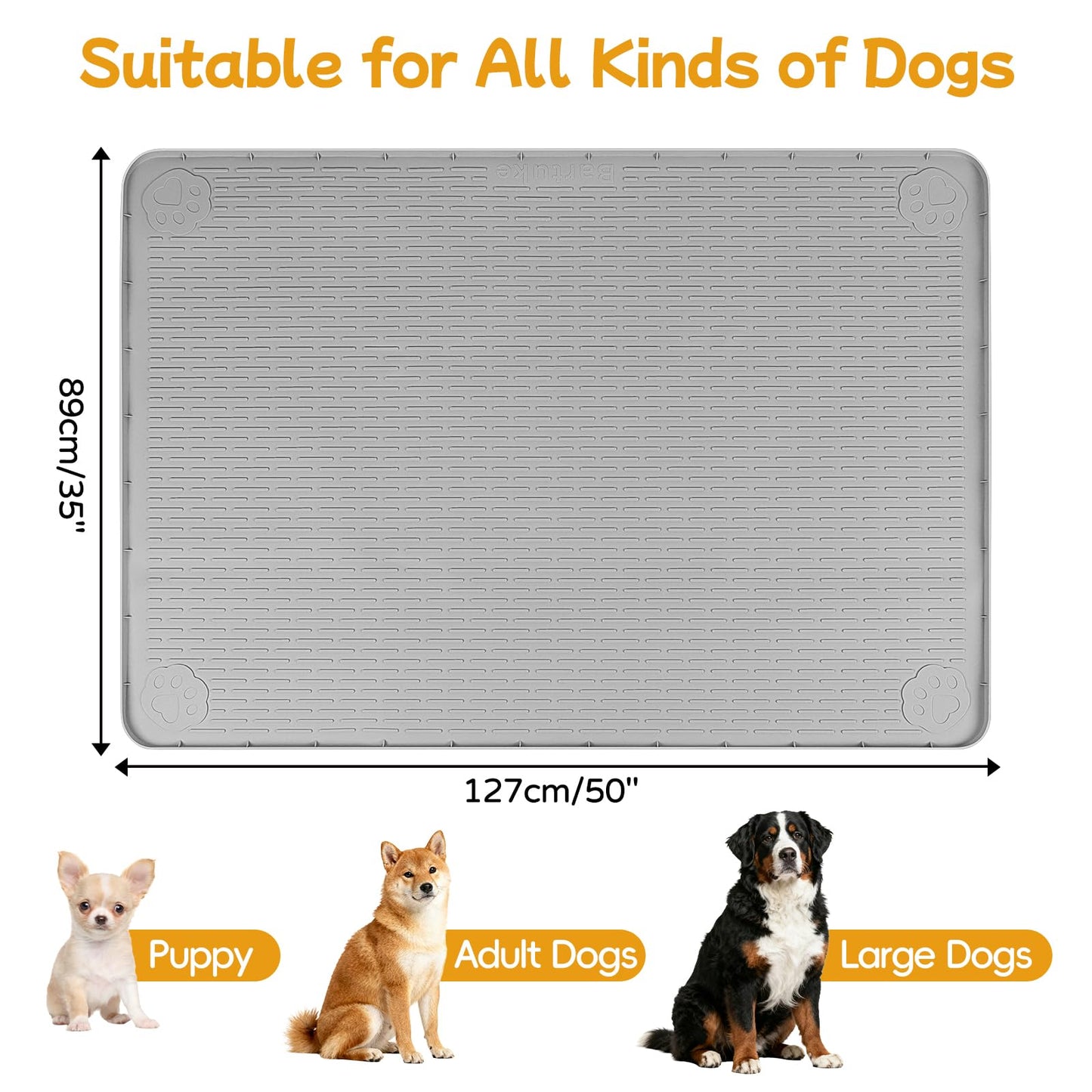 Lanstics Dog Food Mat, 50" x 35" Large Silicone Mat Dog Feeding Mat with Raised Edge Non-Slip Pet Feeding Mat for Food and Water Bowl, Easy to Clean, Floor Protection (Gray)