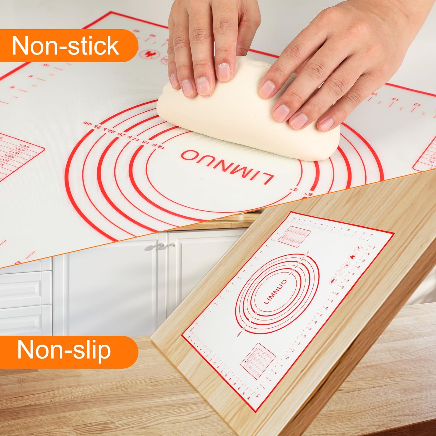 Silicone Baking Mat，Non Stick Rolling Dough with Measurements for Pie Pizza Cookies Fondant Making，Extra Thick Non Slip Silicone Pastry Mat (Red, M-16"×20")