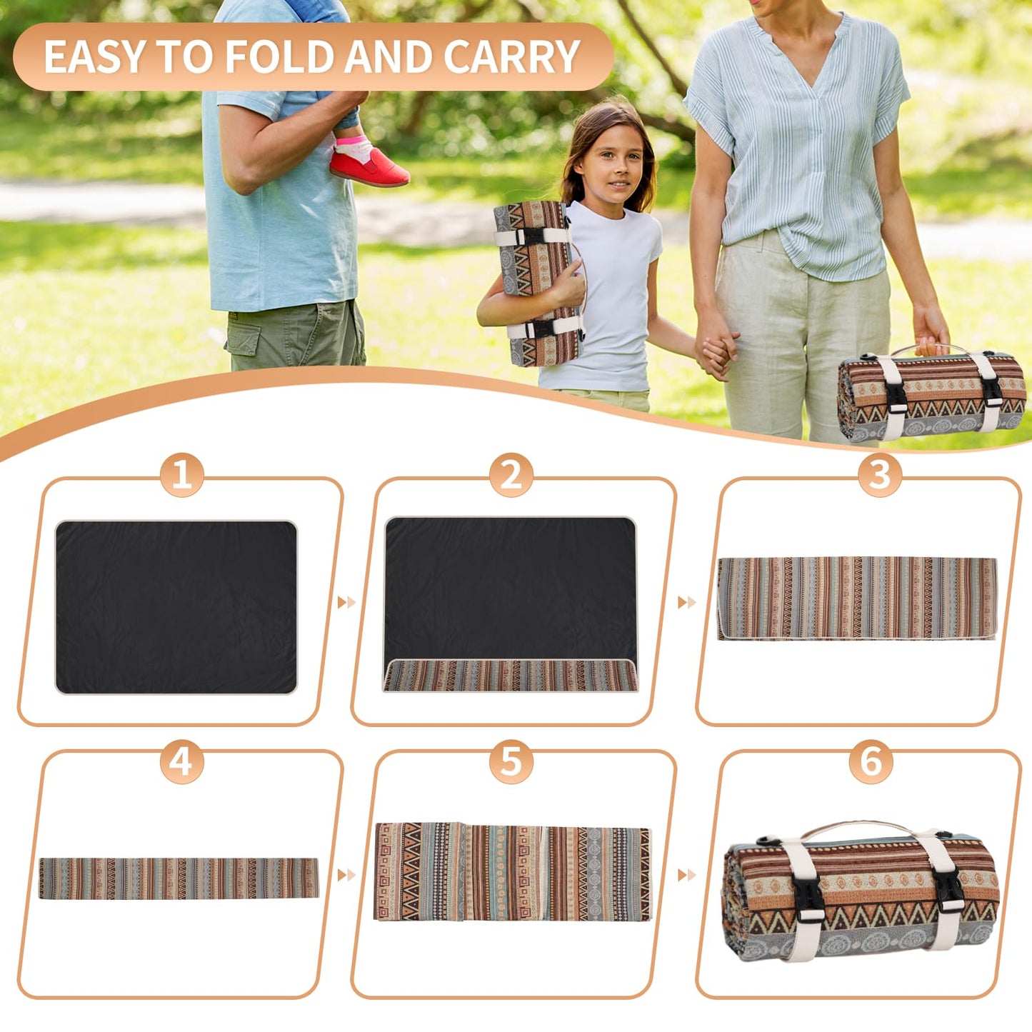 Extra Large Waterproof Picnic Blanket | Portable Camping & Beach Mat | Sand Free with Carry Strap | Park Blanket for Grass, Hiking, Travel, Concerts, Indoor (Orange)