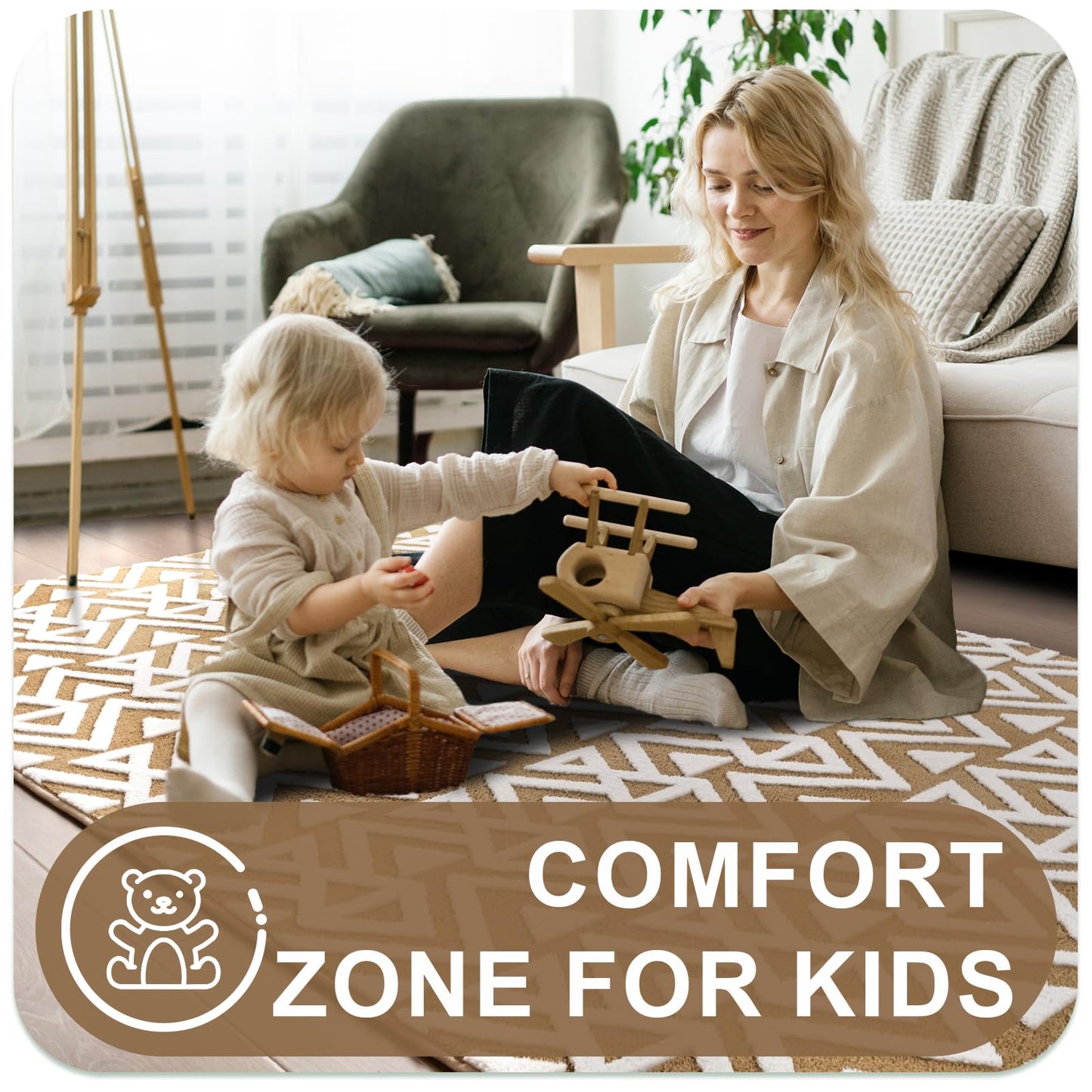 Ompaa Ultra Soft Shaggy Rugs Memory Foam Bedroom Carpet, Beige 7 x 10 Feet Large, Plush Geometric Textured Area Rugs for Living Room Couch Dorm Bedside Kids Girls Teens Room Nursery Decor Floor Mat