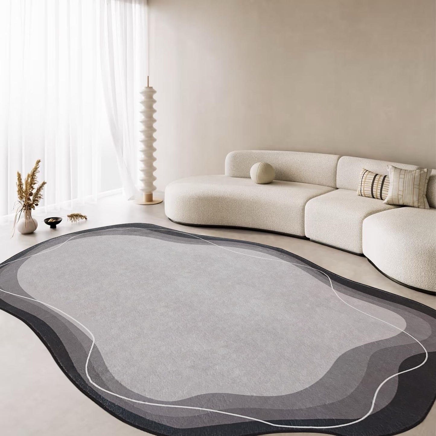 Poowe Area Rug Indoor Vintage Living Room Carpet Kitchen Washable Distressed Cloud Waves Edge Bedroom Rugs Retro Accent Throw Carpet for Office Dining Room Bathroom-Grey 4' x 6'