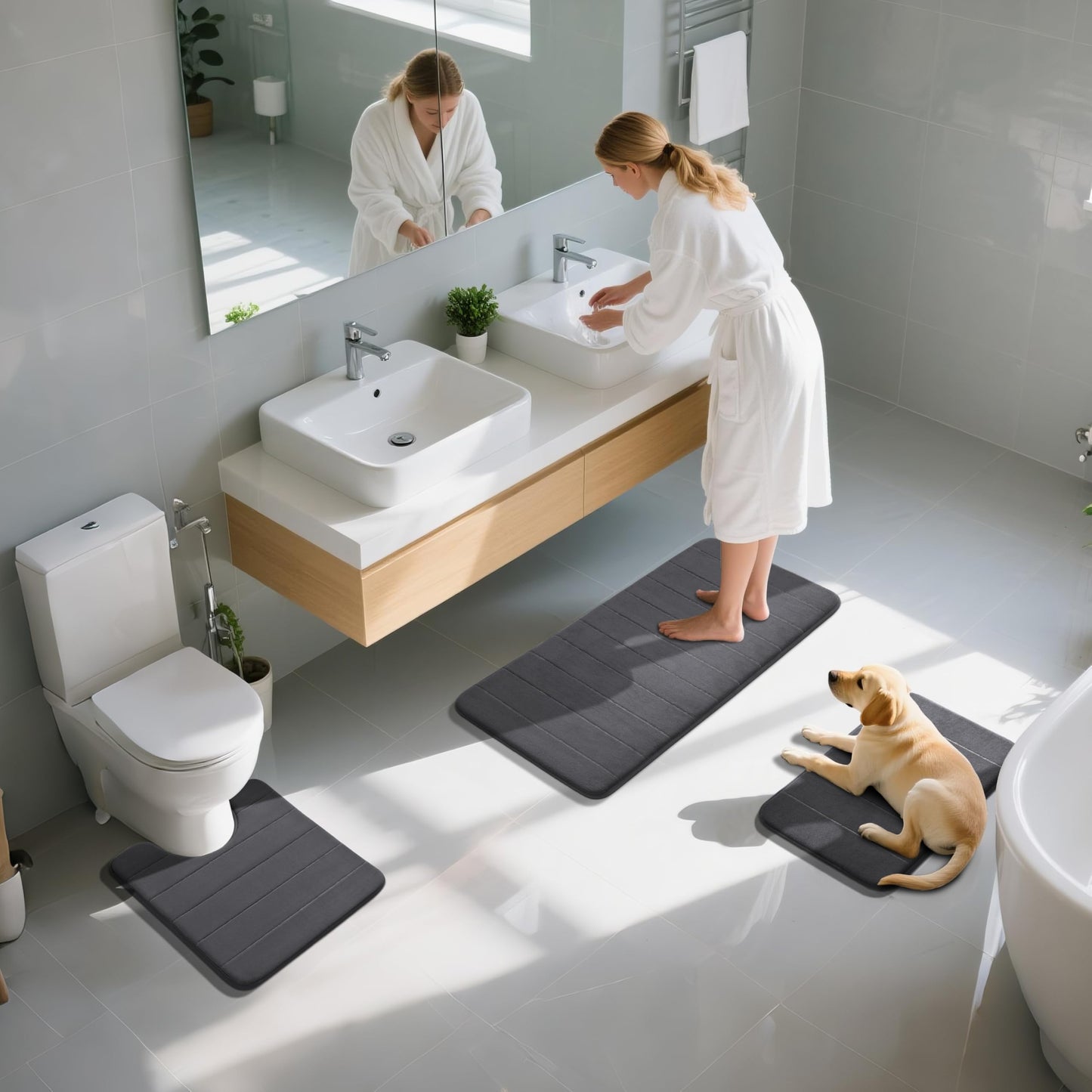 Yimobra 3 Pieces Memory Foam Bath Mat Set with U-Shaped Toilet Rug - Non Slip Super Soft Absorbent Quick Dry Bathroom Rugs for Bathtub, Vanity & Toilet Base, Dark Gray