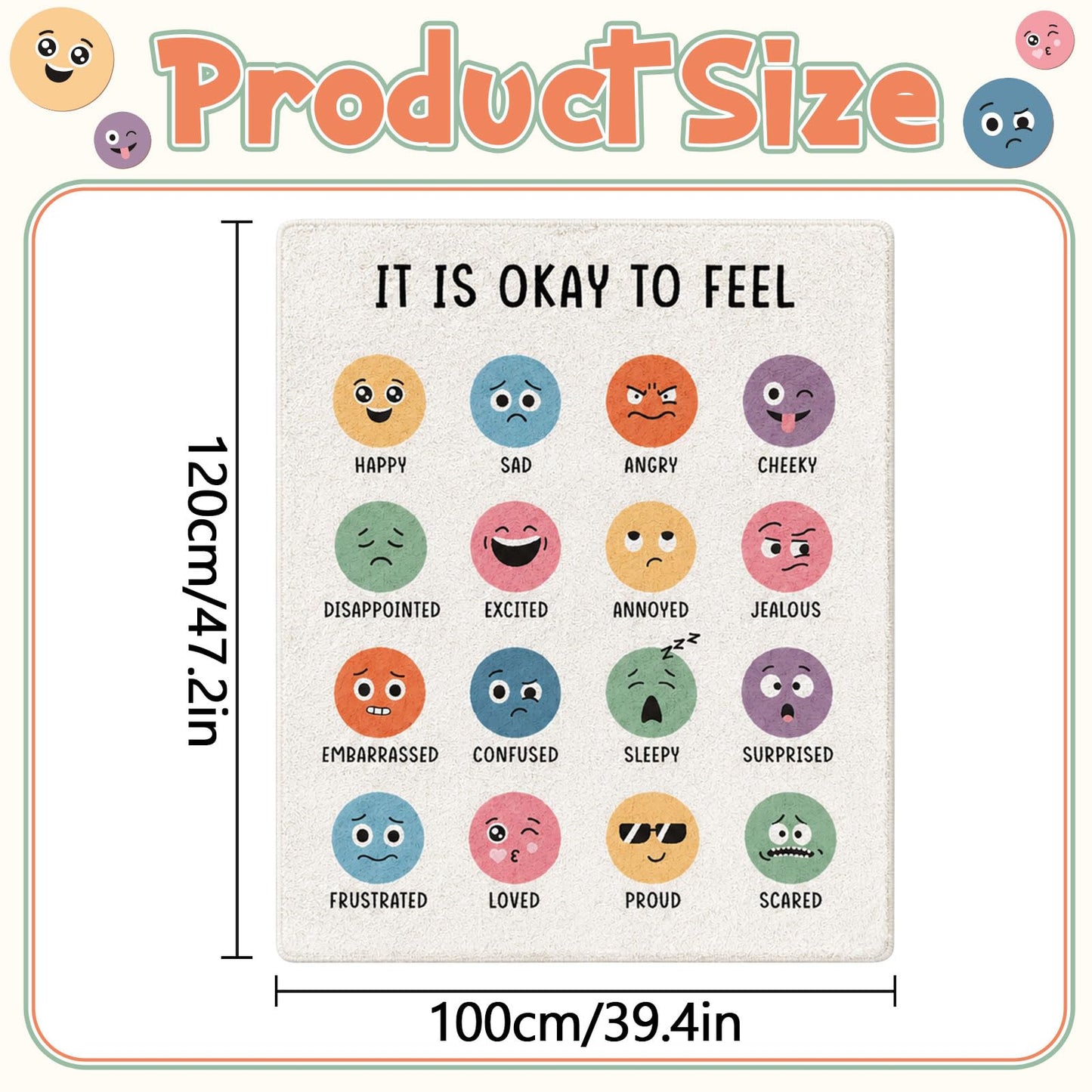 3.3x4 ft Calming Corner Items Calm Corner Classroom Rug Feelings Chart Emotion Area Rug Back to School Floor Mat Soft Fluffy Mental Health Non-Slip Play Carpet for Nursery Playroom Bedroom Living Room