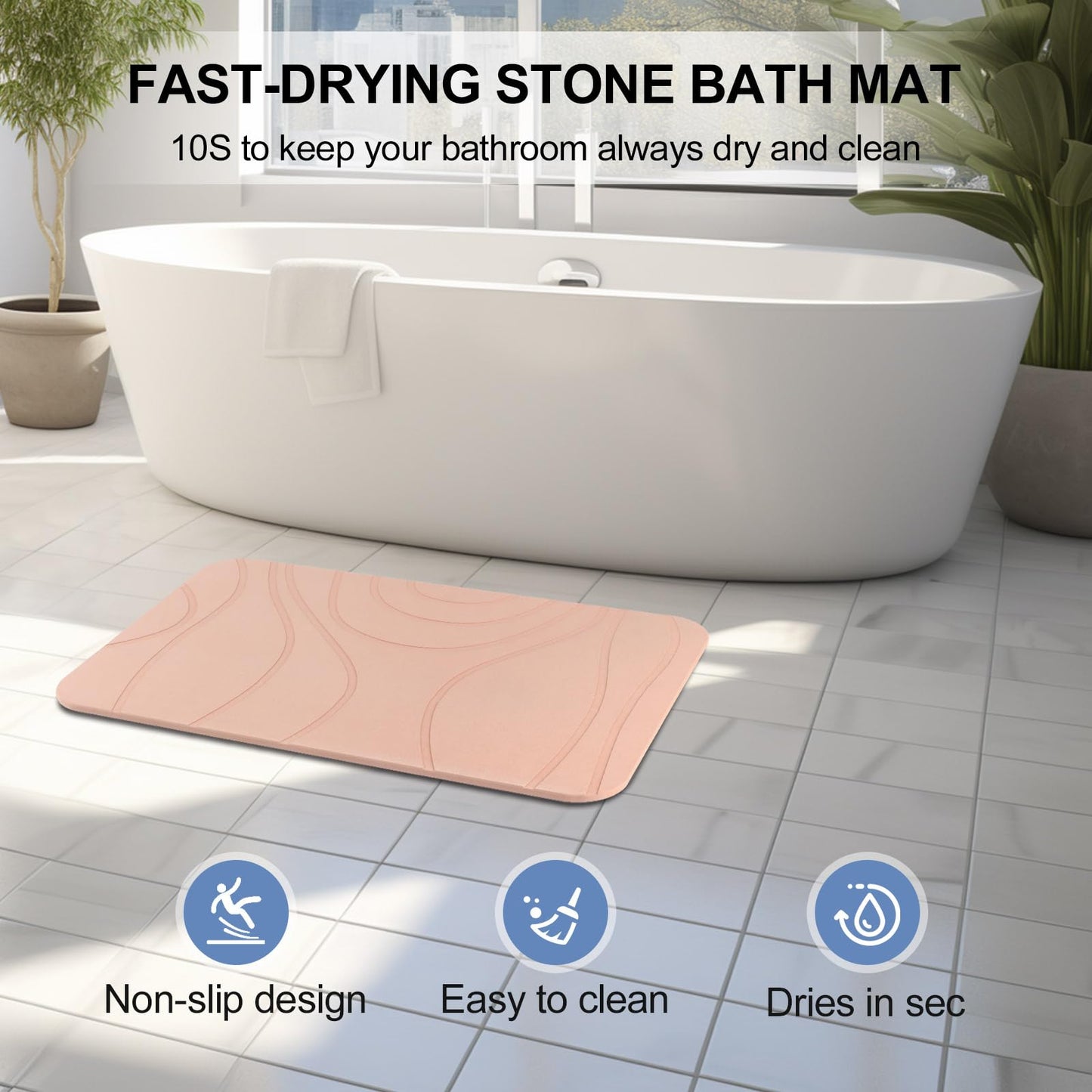 HUMIGA Stone Bath Mat, 2 Pack Diatomaceous Earth Shower Mat, Non-Slip Super Absorbent Quick Drying Bathroom Floor Mat, 24x15, Pink